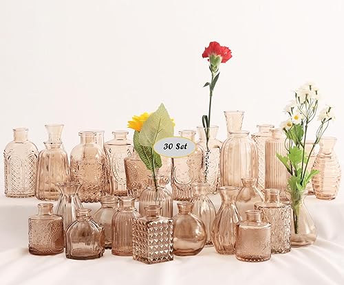 Btaidi Jarrones de cristal, color ámbar, juego de 30 piezas, pequeños jarrones vintage para decoración de boda, centro de mesa, decoración de flores