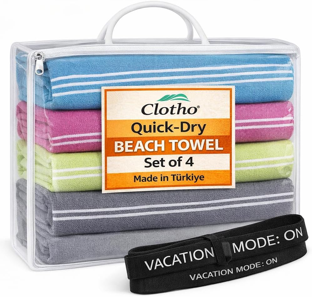 Turkish Beach Towel Set of 4 – 100% Turkish Cotton, Oversized & Quick Dry – Sand Free Lightweight Travel & Pool Towels with Chair Bands – Giftable Clear Carry Case – Made in Türkiye