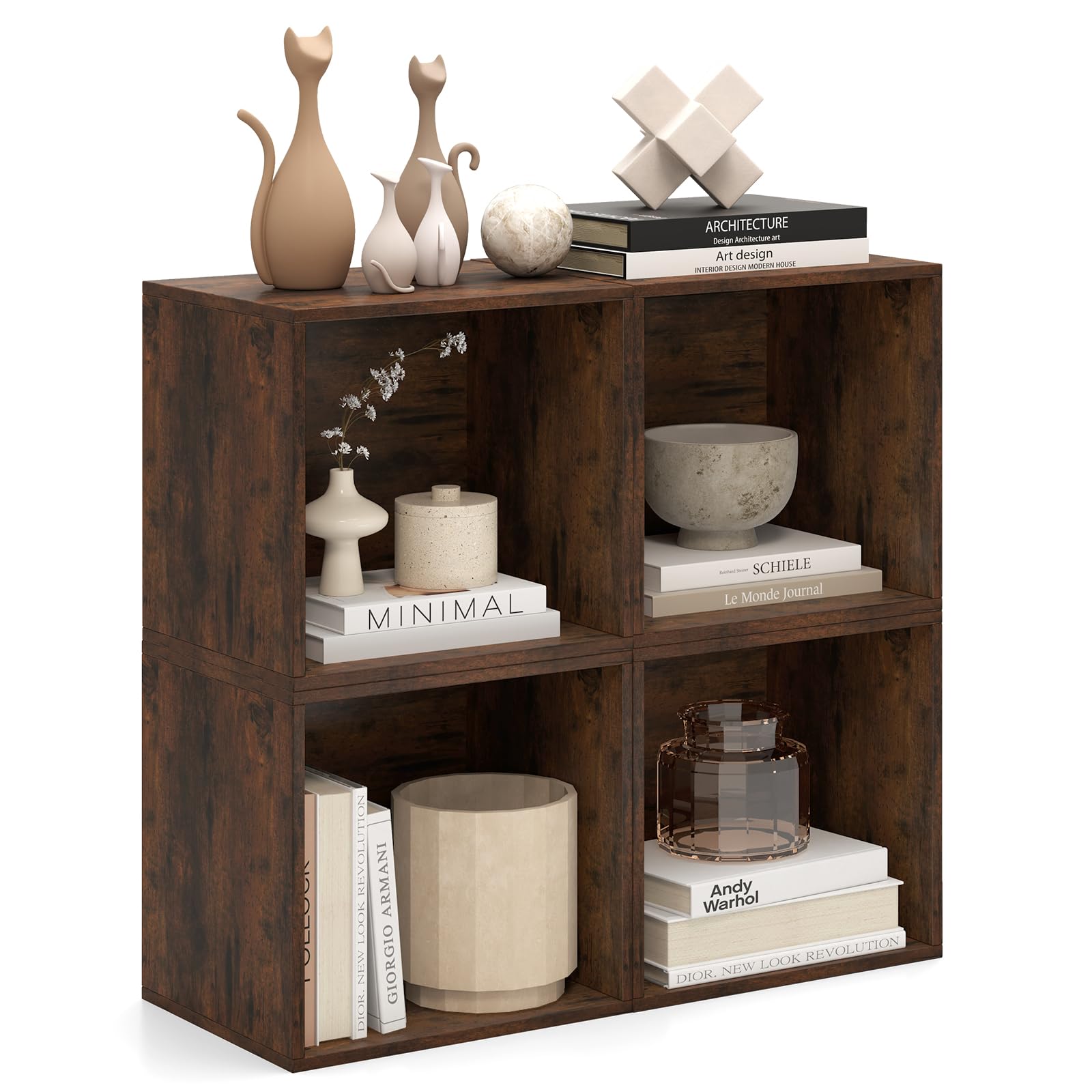 CASART Cube Bookcase Set of 4, Stackable Open Book Shelf, Wooden Cube Storage Organizer DIY Modular Storage Unit for Living Room Bedroom Study (Rustic Brown)