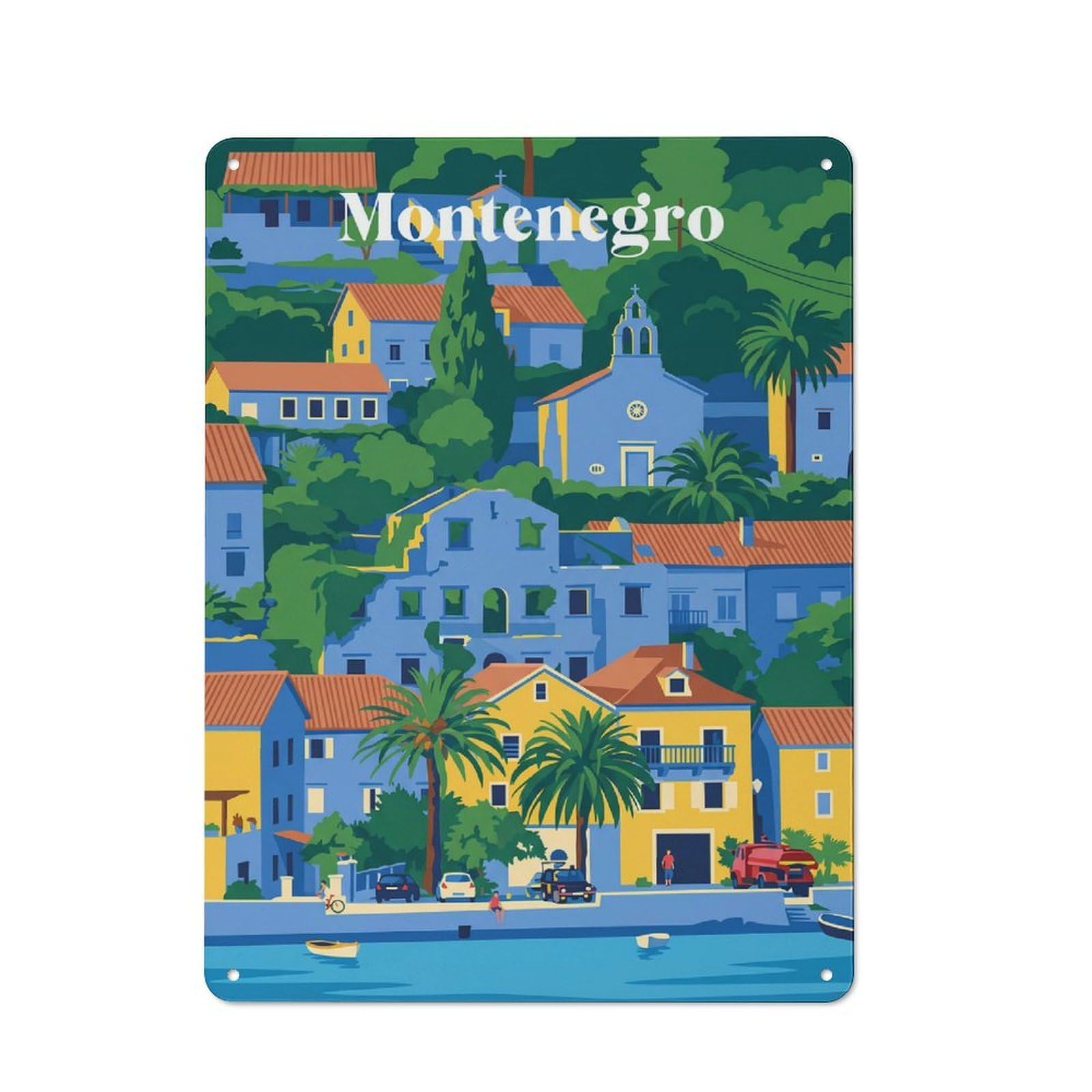 Junmoney Style-20 Montenegro Coastal Town Printed Metal Sign 40X30cm For Café Or Home Bar, For Kitchen And Home Bar Decor, For Cafés, Pubs And Restaurants