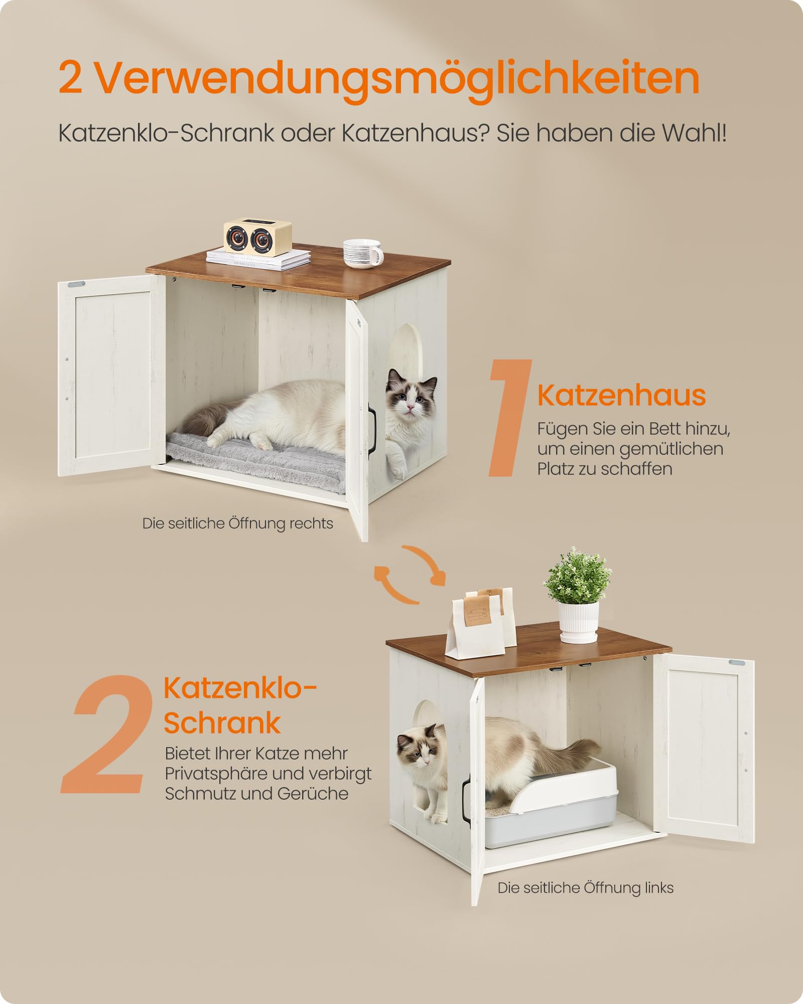 Feandrea Katzenhaus, Katzenklo-Schrank, versteckte Katzentoilette, Beistelltisch, für Haustiere im Innenbereich, 60 x 50 x 50 cm, wolkenweiß-honigbraun PCL042W201