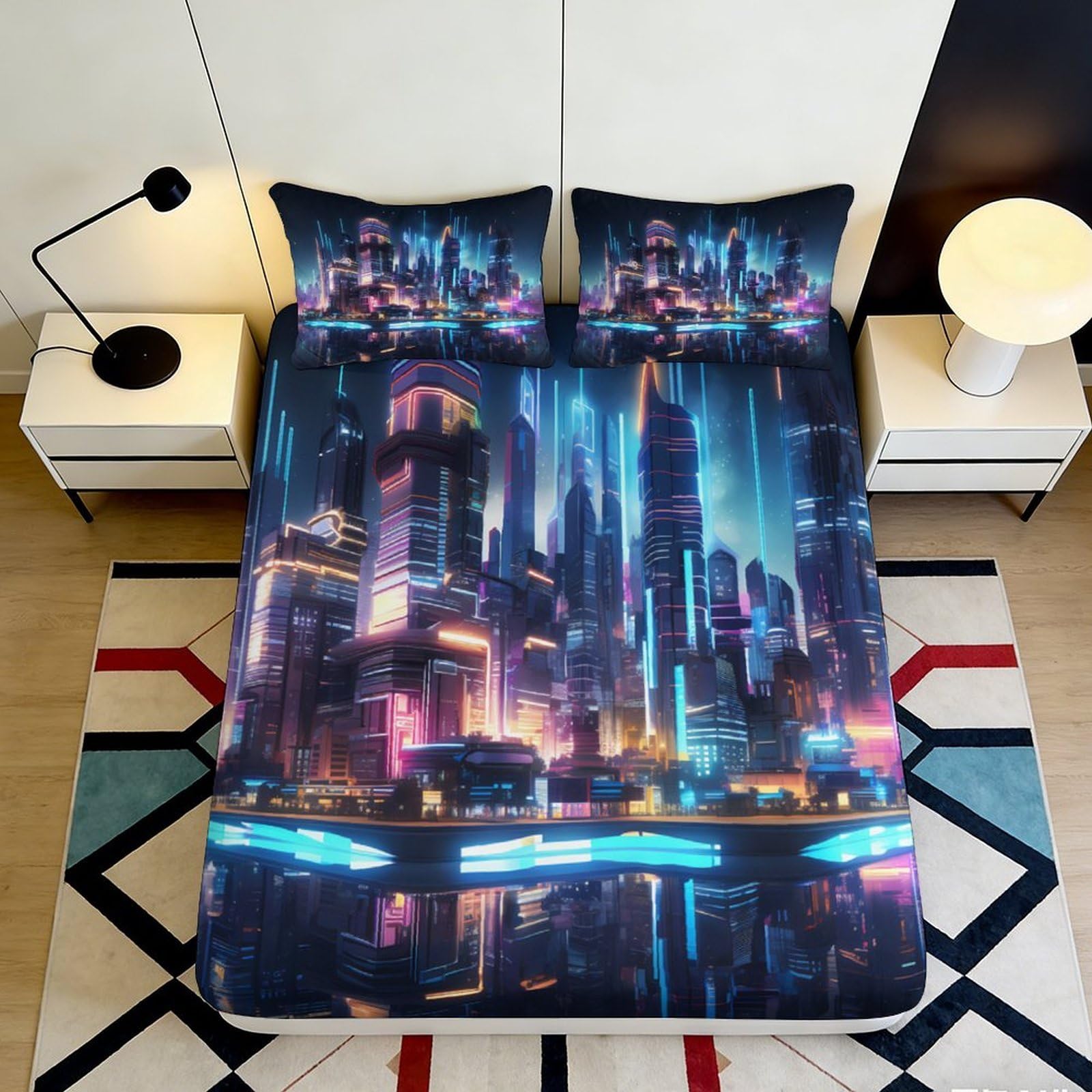 3D Printed Cyberpunk City Fitted Sheet Microfiber Soft Breathable Neon Skyline Bed Cover for Bedroom Decor 90x200x25cm