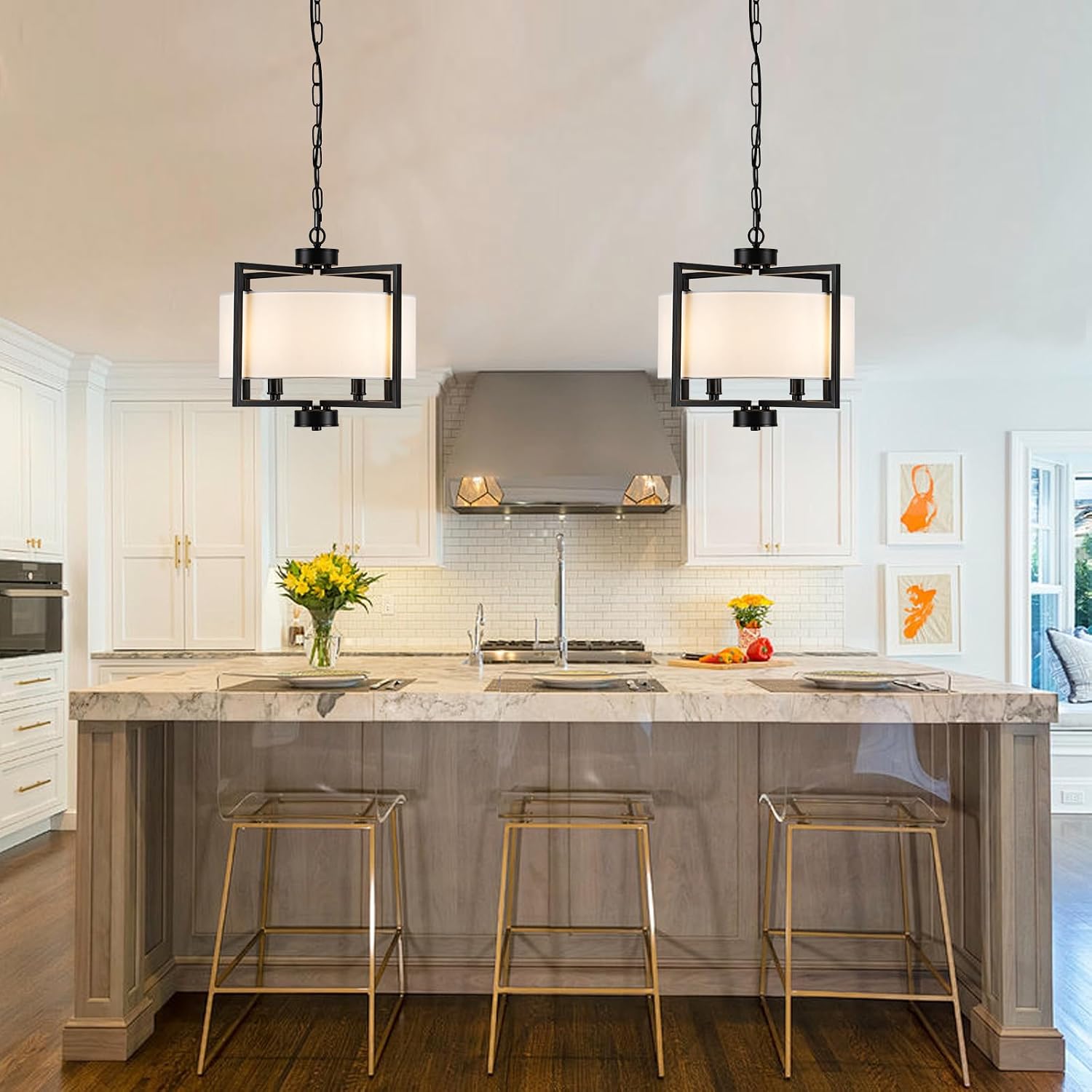 Modern Drum Chandelier Kitchen Island Lights, 4 Light Adjustable Rustic Island Pendant Lighting, Black Farmhouse Dining Room Hanging Light Fixture for Bedroom Living Room Hallway