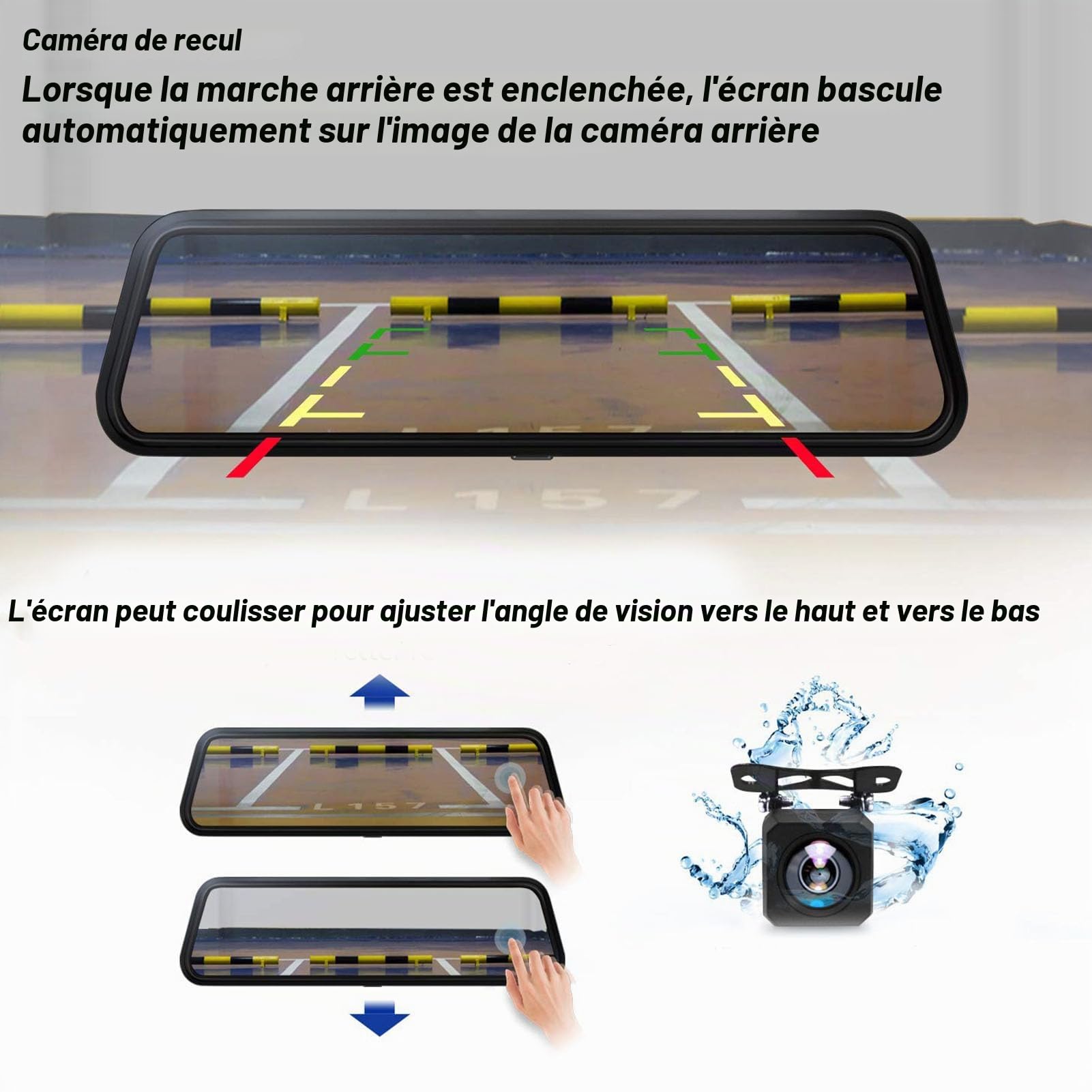 Caméra de Rétroviseur 10 Pouces, Caméra Avant et Arrière à Vision Nocturne avec écran incurvé 2,5D, Image Inversée, Enregistreur Vidéo de Conduite, Caméra de Tableau de Bord