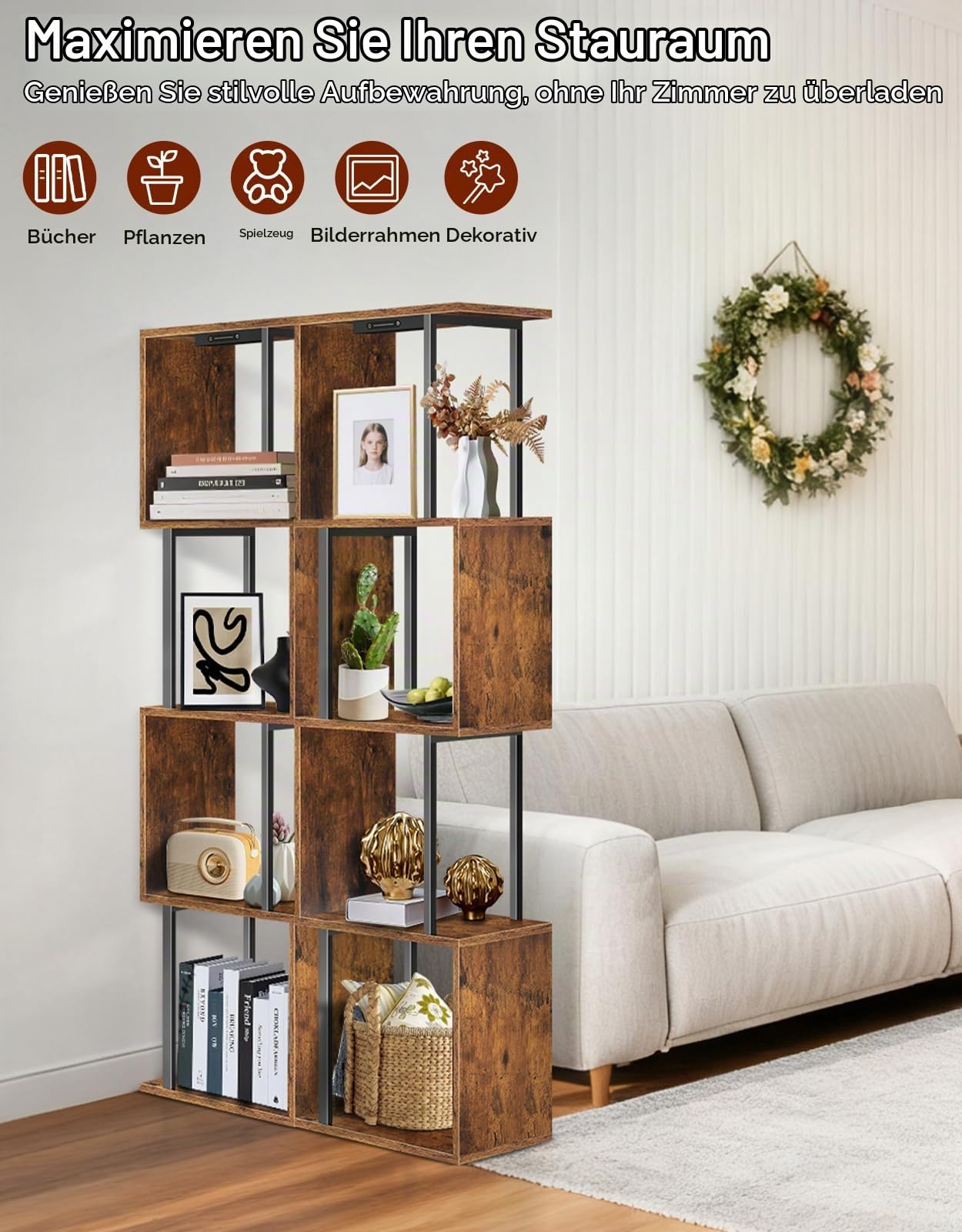 5 Ebenen S-förmiges Bücherregal mit LED-Beleuchtung, 3 Farbtemperaturen, Touch- und Fernbedienung, Dimmbares Standregal, Kleines Ausstellungsregal für Wohnzimmer, Schlafzimmer, Büro.