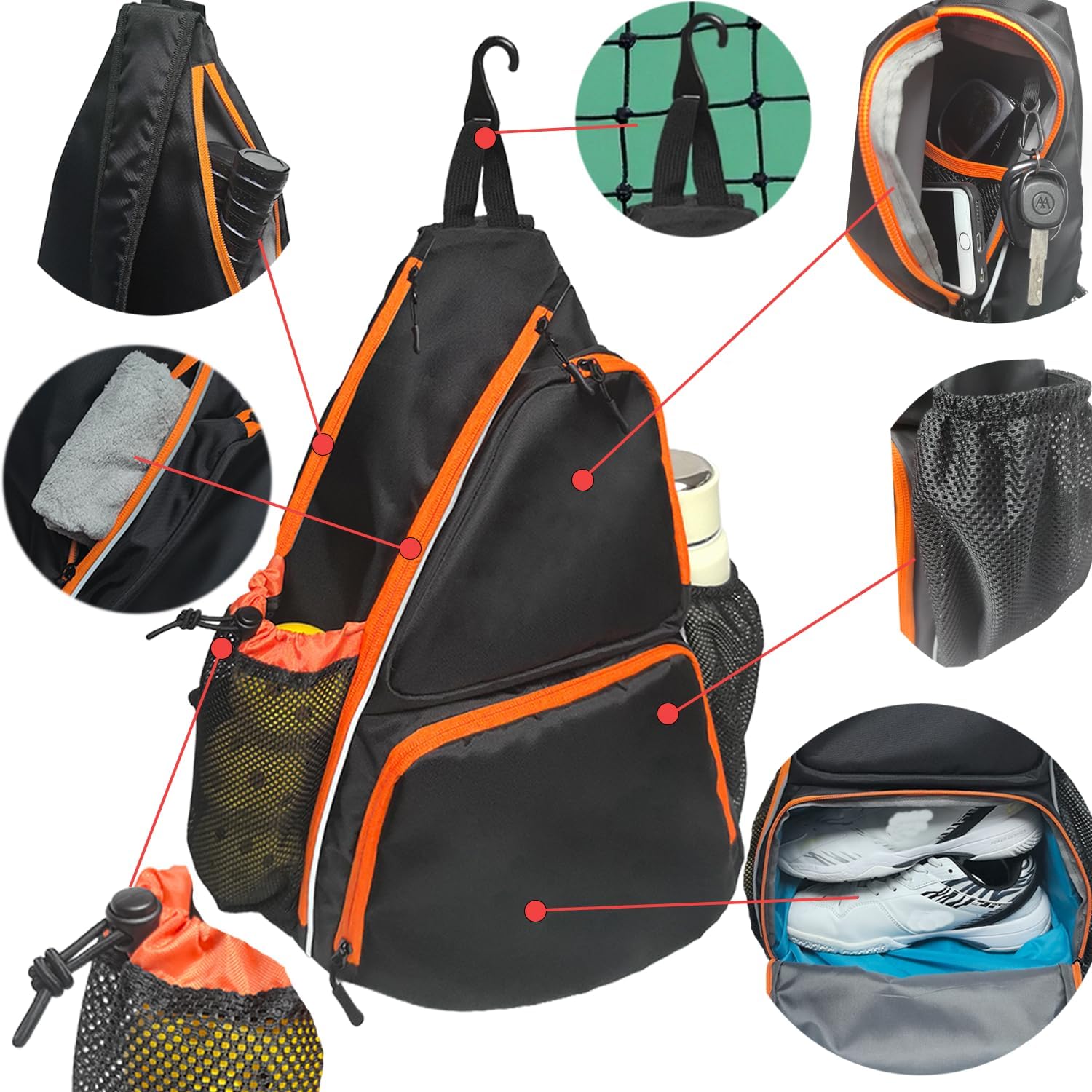 Pickleball Sling Bag with Shoe Compartment for Men Women, Professional 2-3 Paddle Backpack, Large Capacity Bag with 36oz Water Bottle Pocket & Fence Hook - Image 4