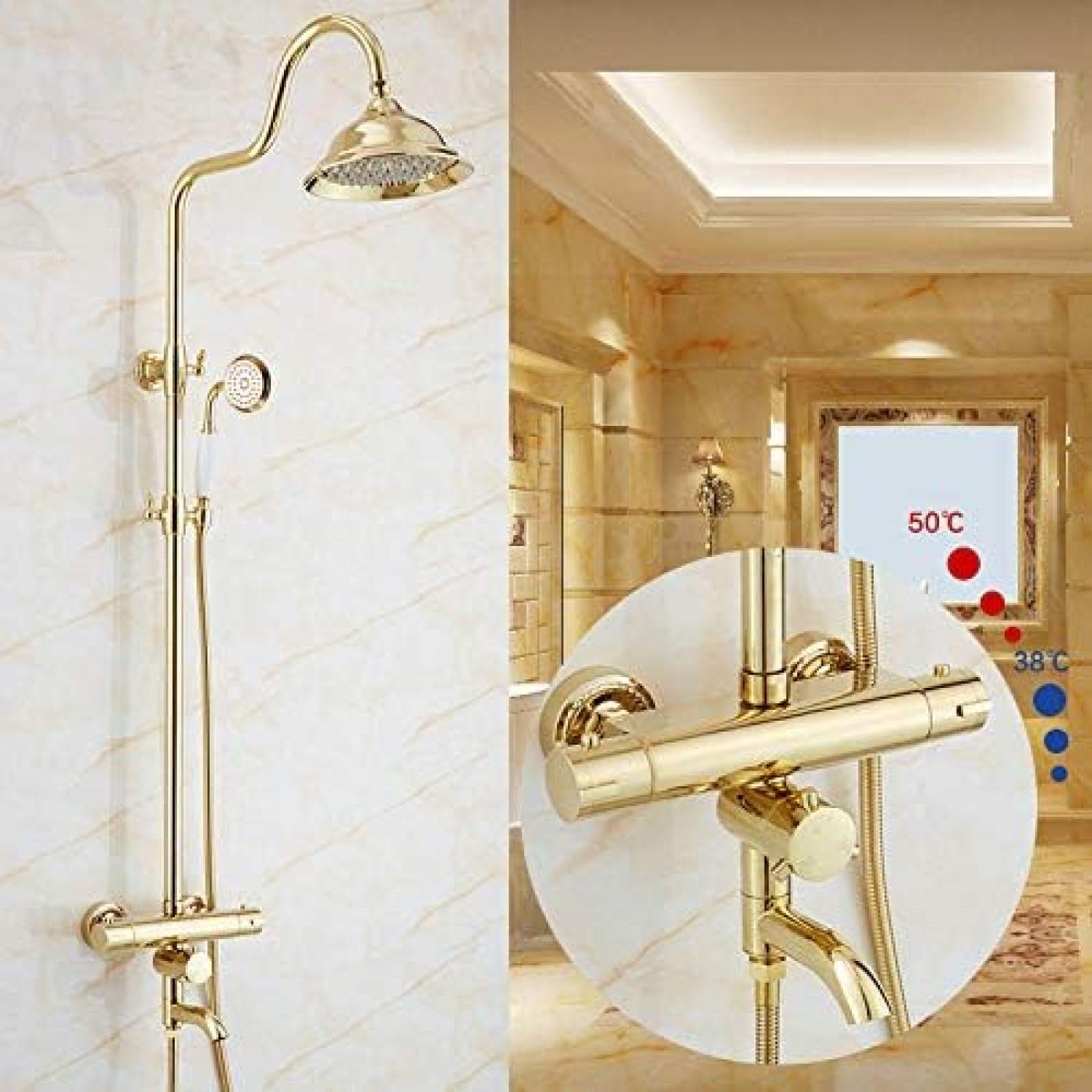 Aycdl 1 Shower System, Polished Gold Bathroom Thermostatic Shower Faucet Set In Wall Bath Shower Mixers With Hand Shower Tub Spout 8 Inch Rainfall Head-,,