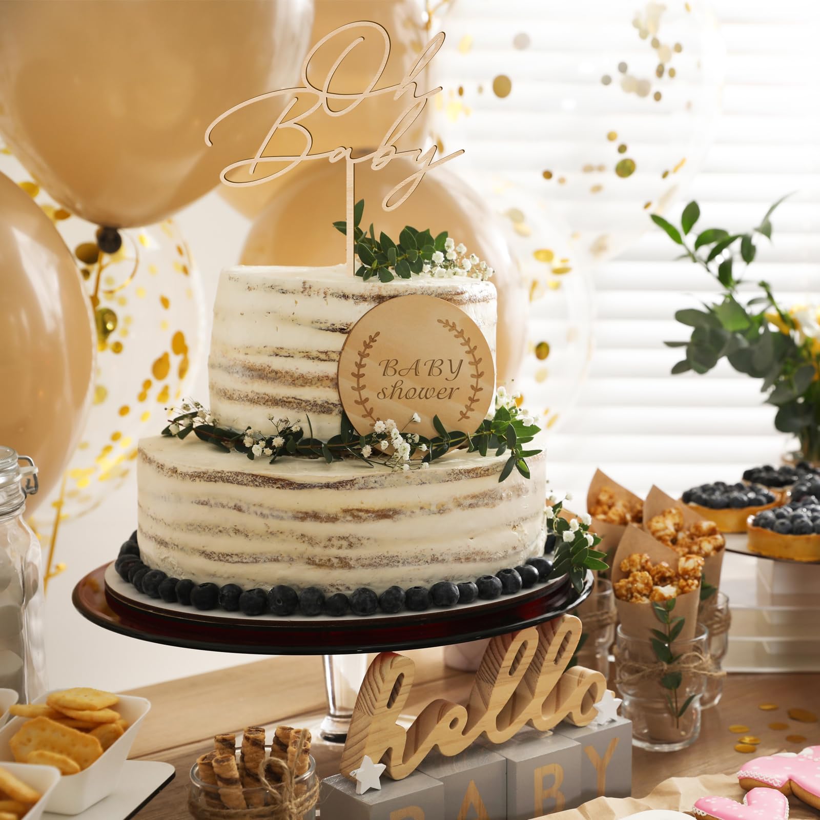 Party to Be Oh Baby Cake Topper in Wood Baby Shower Gender Reveal Party Cake Decoration (Design 03)