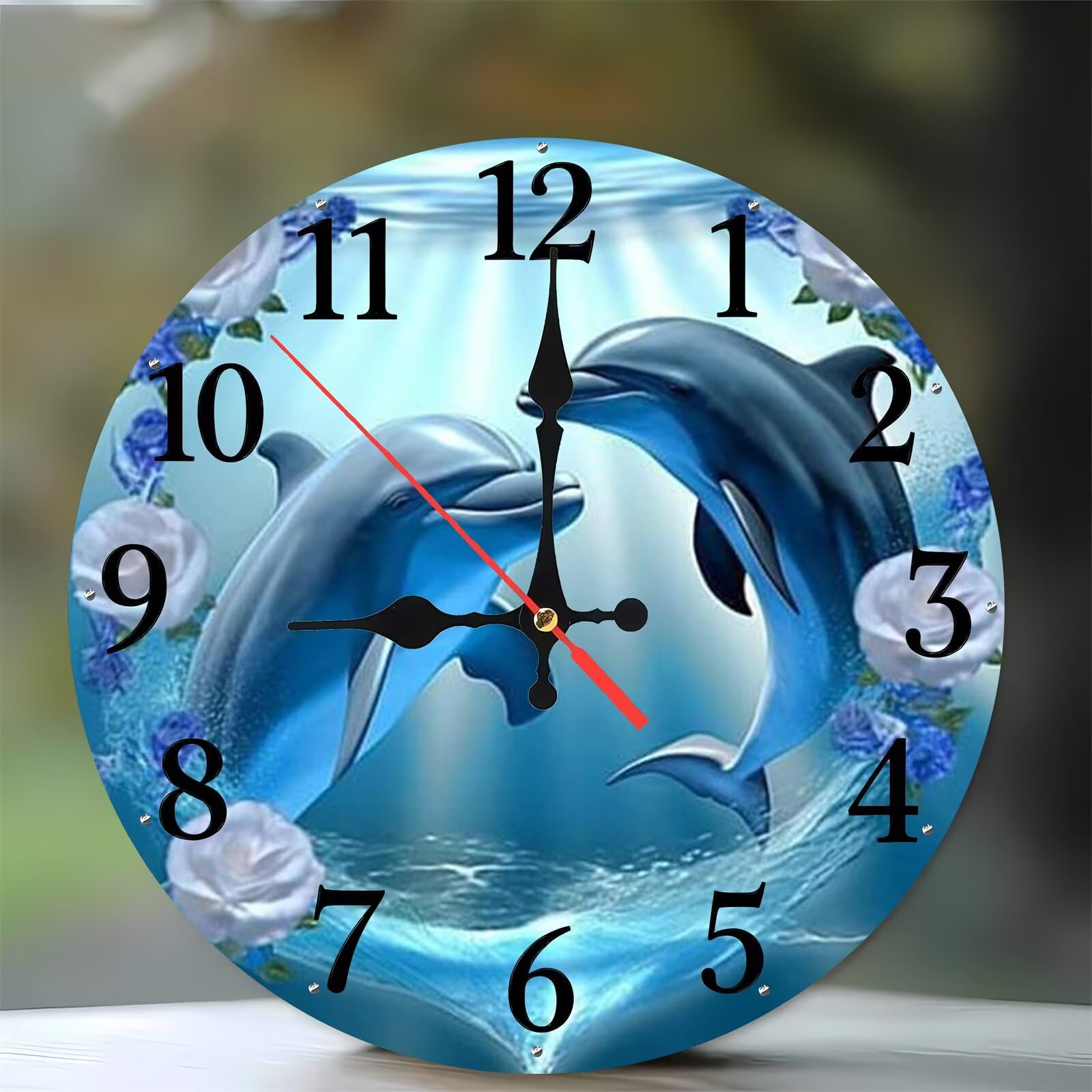 Horloge murale en bois 35 cm dauphin bleu silencieuse pour salon