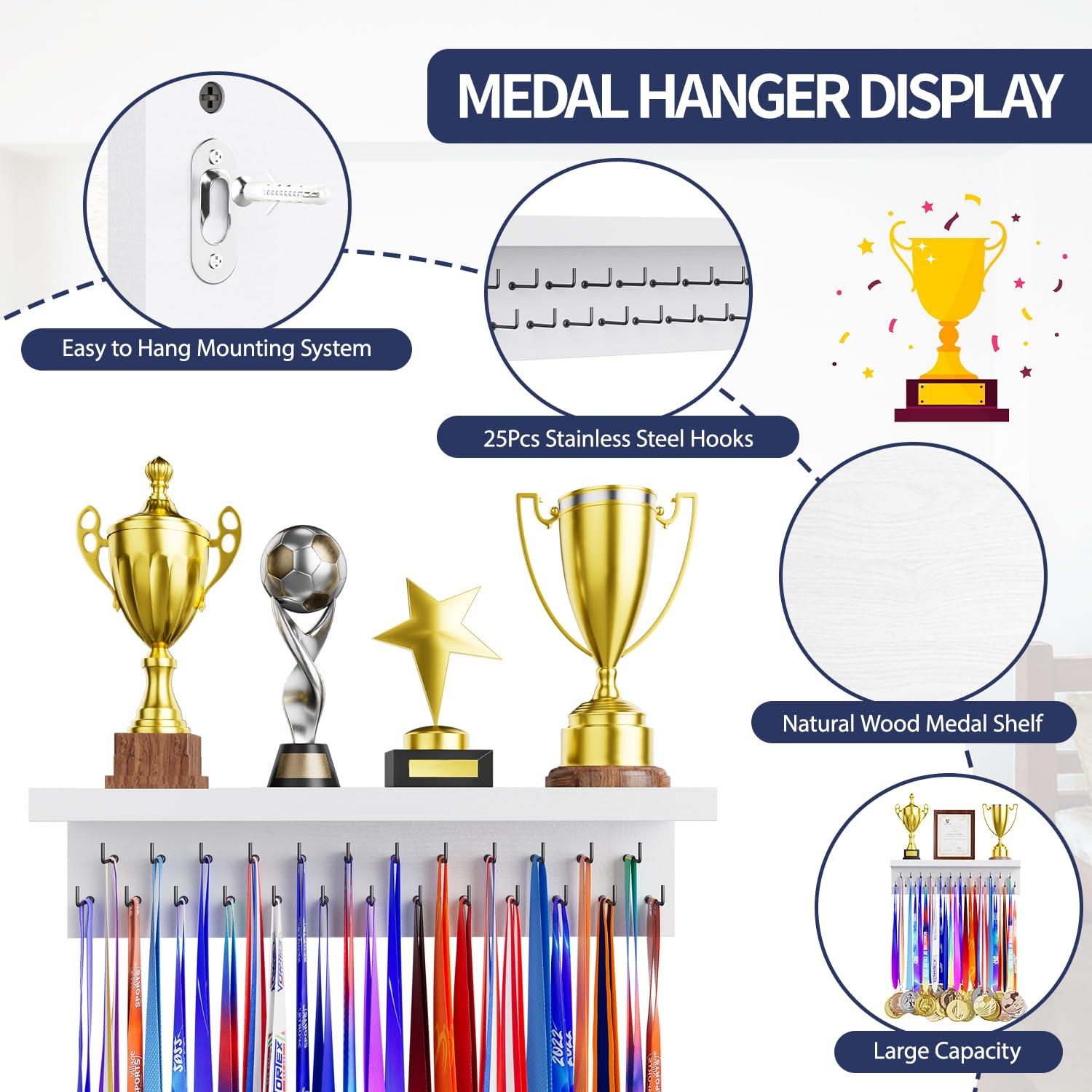 Soporte para Medallas y Trofeos - Estante de Madera Con 25 Ganchos de Acero - Organizador de Montaje en Pared para Carreras - Fácil de Instalar