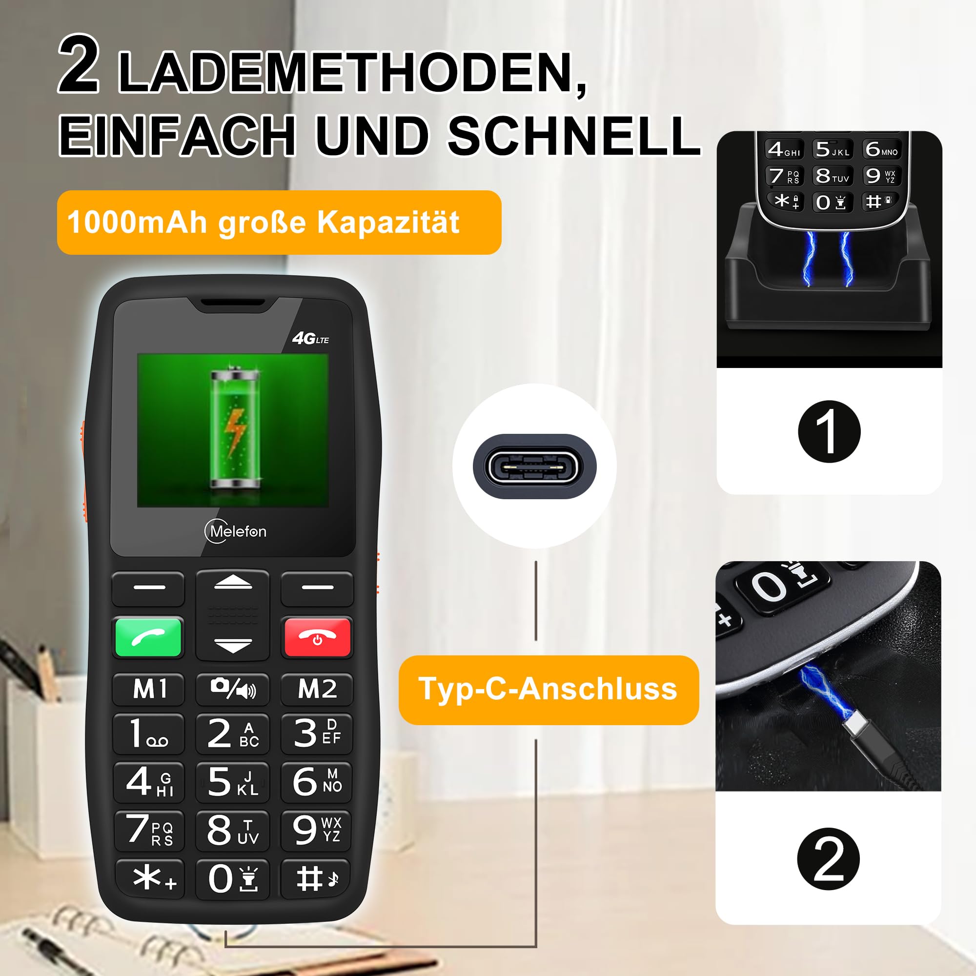 4G Seniorenhandy ohne Vertrag, Rentner Seniorentelefon mit SOS Notruftaste Großtastenhandy, Akku Lange Standby-Zeit, USB-C, Tastenhandy mit Ladestation, 1,77 Zoll Farbdisplay