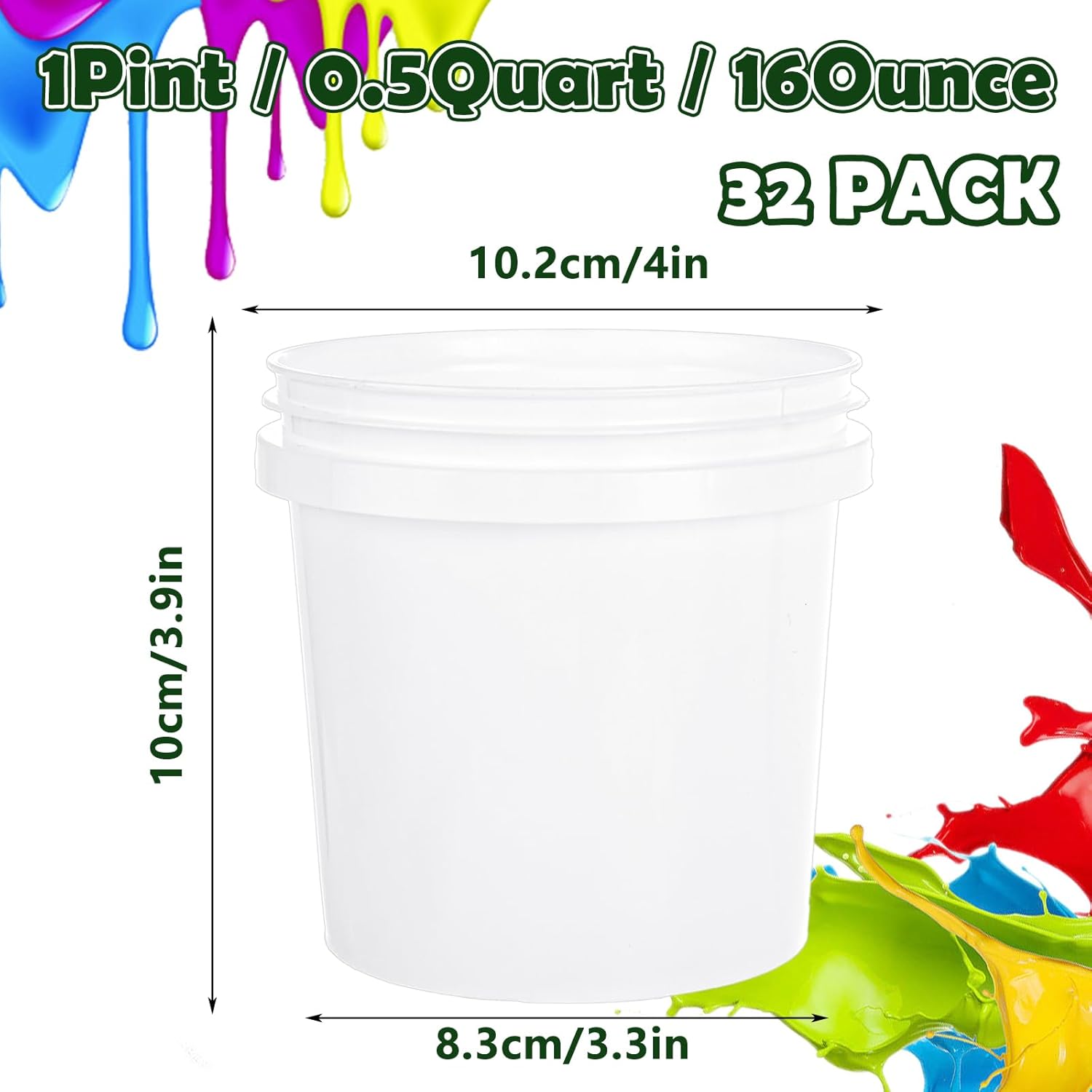 32 Pack Small Paint Bucket for Painting Pint Touch Up Paint Containers with Lids Empty Paint Cans Plastic Paint Storage Containers 1/2 Quart Paint Cans Hand Held Paint Pail for Leftover Paint