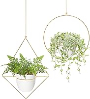 Mkono Gold Metal Hanging Planters Set of 2 with Plastic Pots - Diamond & Circle Shapes for 6 Inch Indoor Outdoor Plants