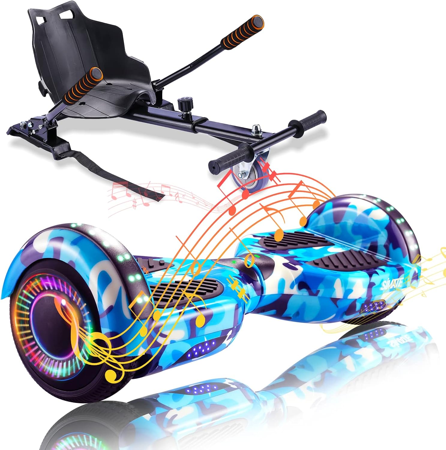 SIMATE Hoverboard with Seat Attachment Combo, 6.5" Self Balancing Hover Board with Bluetooth Speakers and LED Lights for Kids Adults Girls Boys(Include Go-Kart)