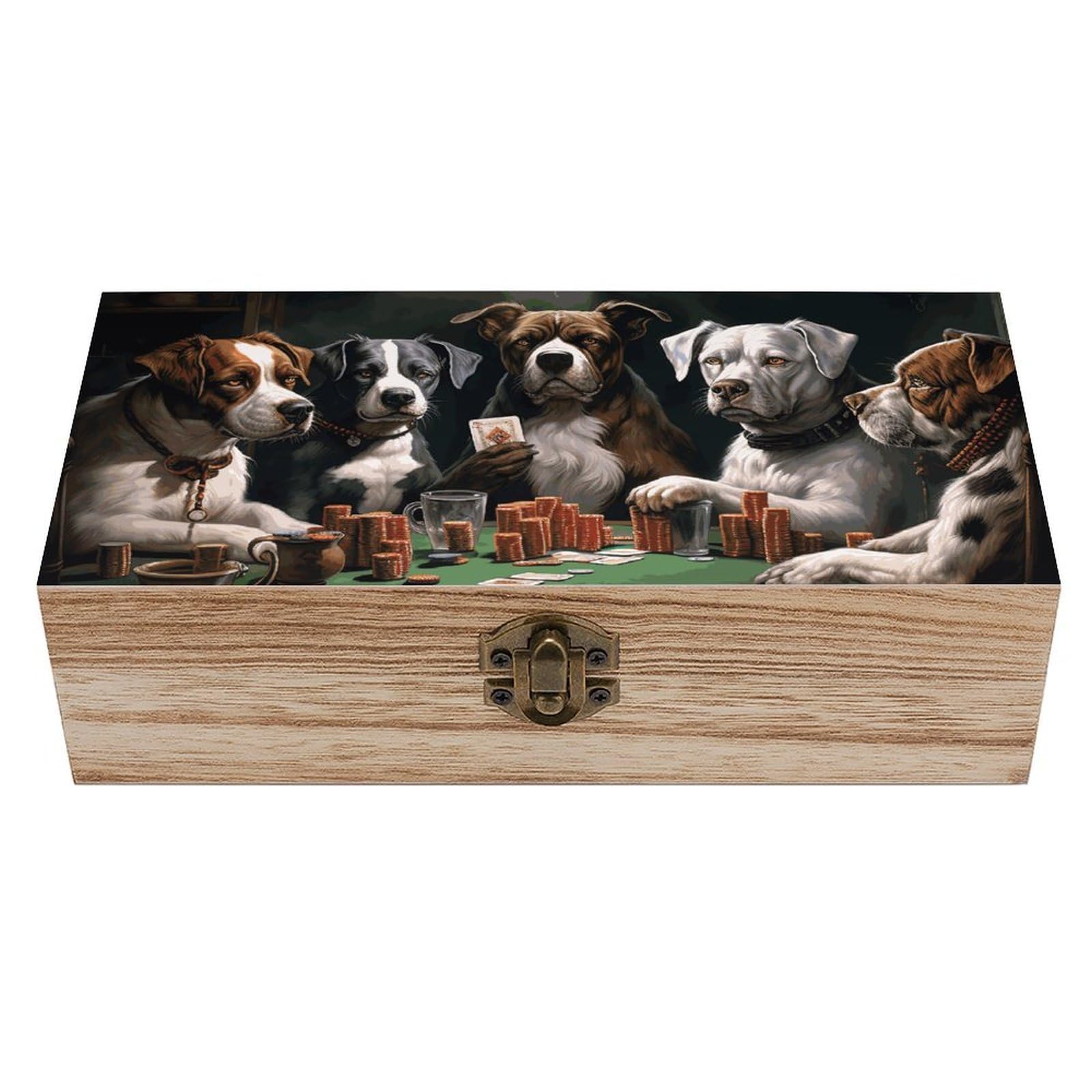 asbwuo Playing Poker Dogs Wooden Keepsake Box Storage Boxes with Hinged Lid