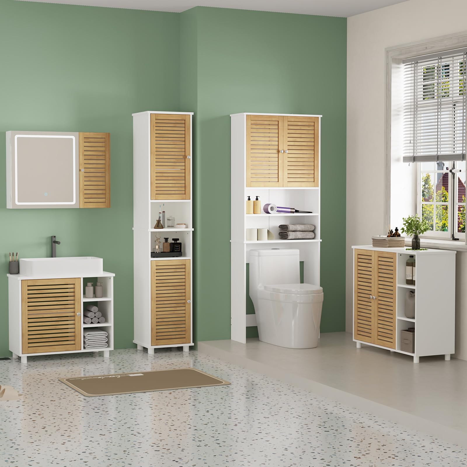 Meuble Machine à Laver, Armoire Dessus Toilette avec 2 Compartiments Ouverts, Espace Derrière 2 Portes en Bambou, Meuble WC Rangement avec Étagère Réglables, 185,5 x 65 x 24 cm