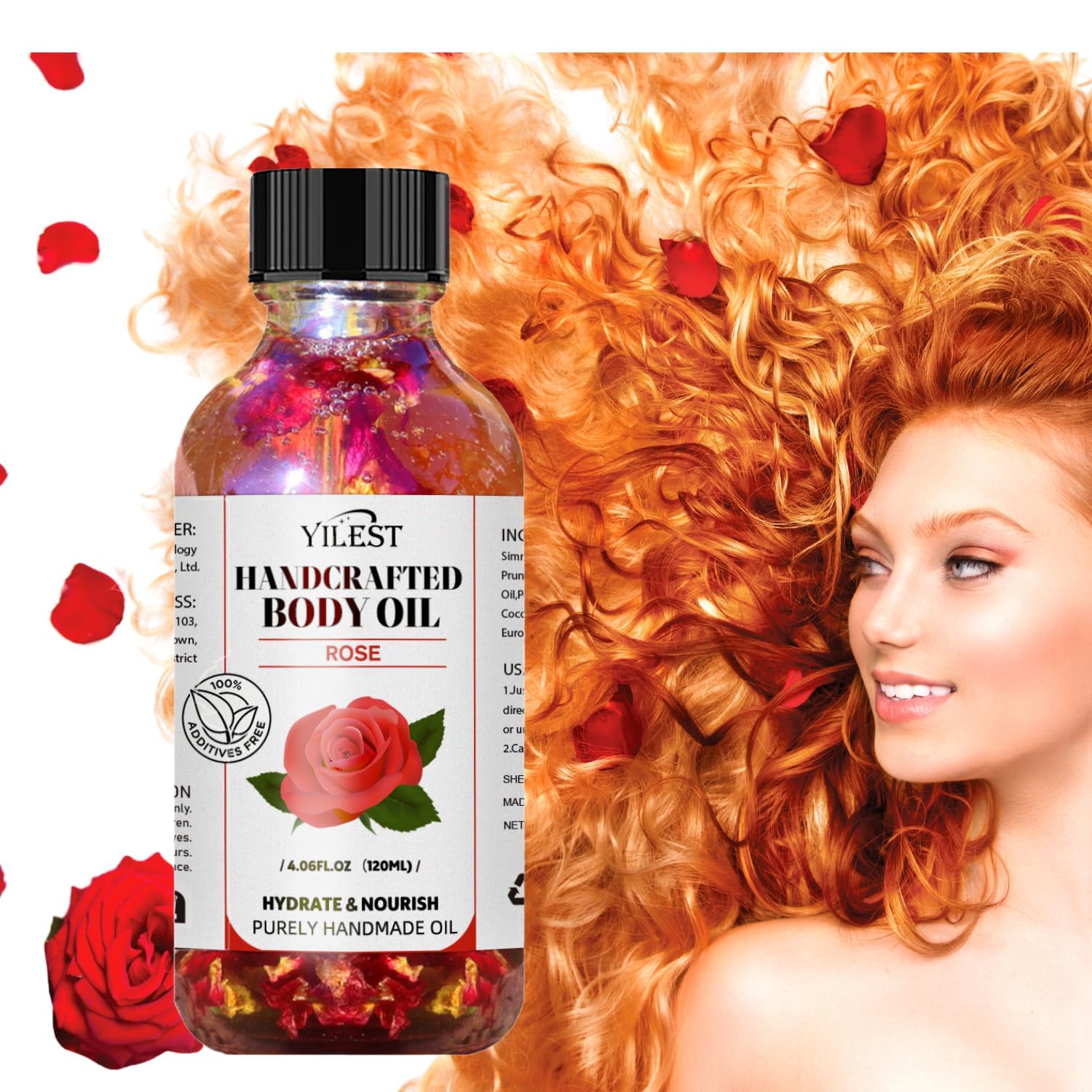 Multi-Use Oil for Face, Body and Hair, Organic Blend of Jojoba Oil, Vitamin E and Sweet Almond Oil Moisturizer for Dry Skin, Scalp and Nails (4 Fl Oz, Romantic Rose)