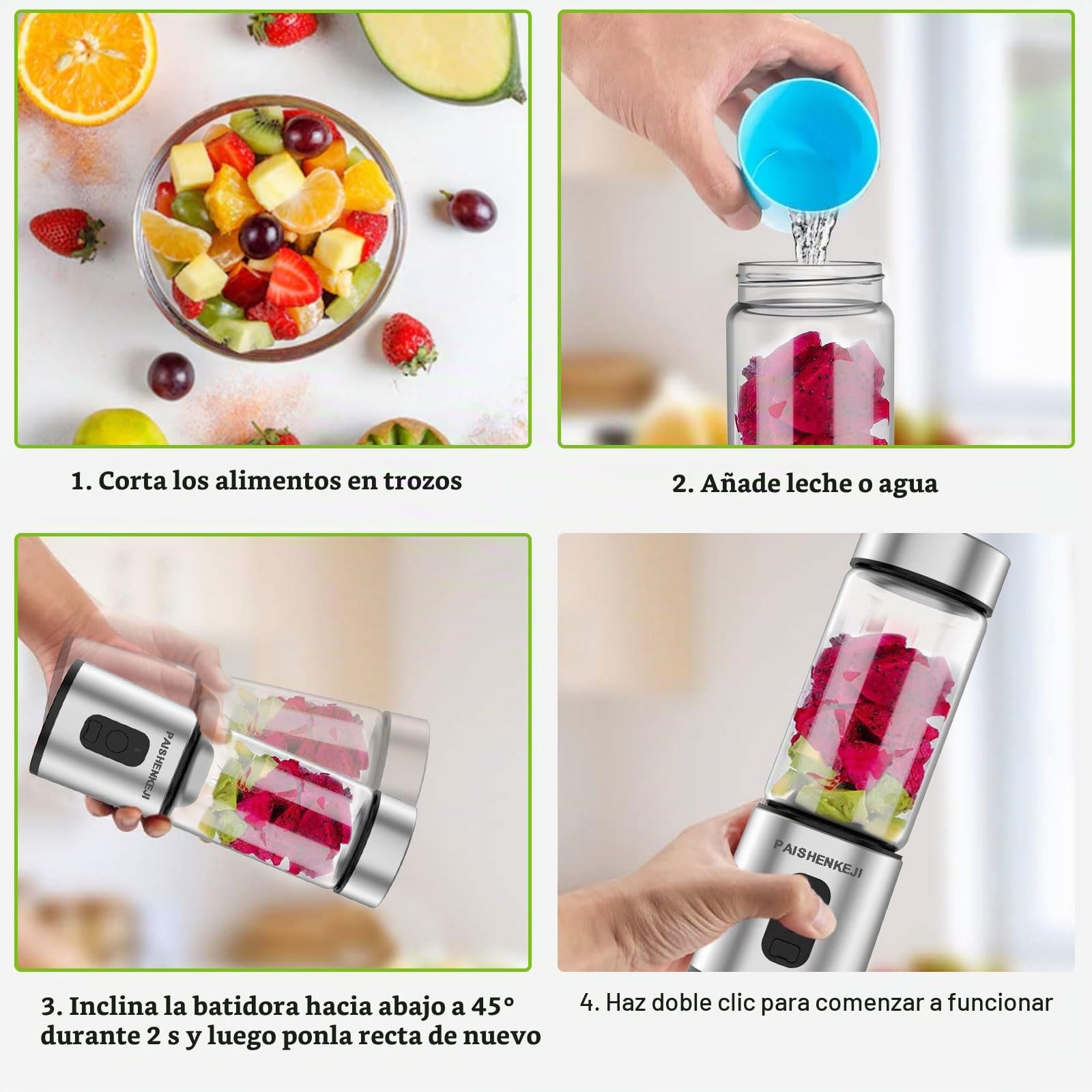 Batidora portátil de cristal para batidos y licuados: Batidora personal para triturar hielo y fruta congelada, mini exprimidor de 400 ml ideal para batidos, licuados y zumos, Smoothie Maker