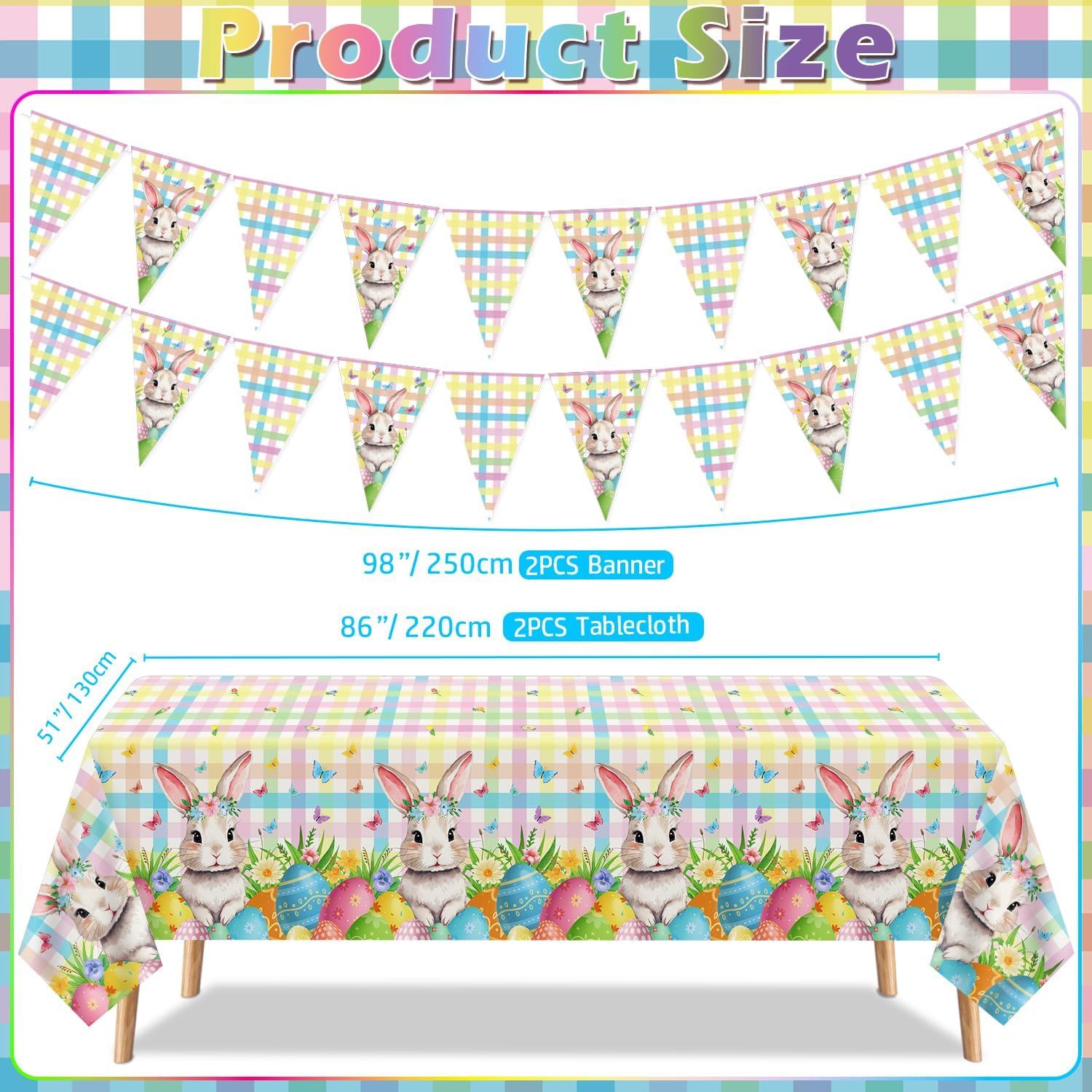 4PCS Easter Party Pack Bunny Tablecloth Spring Flowers Rabbit Party Decor Buffalo Plaid Checkered Banner Table Covers for Spring Easter Eggs Birthday Bachelorette Engagement Theme Picnic Party