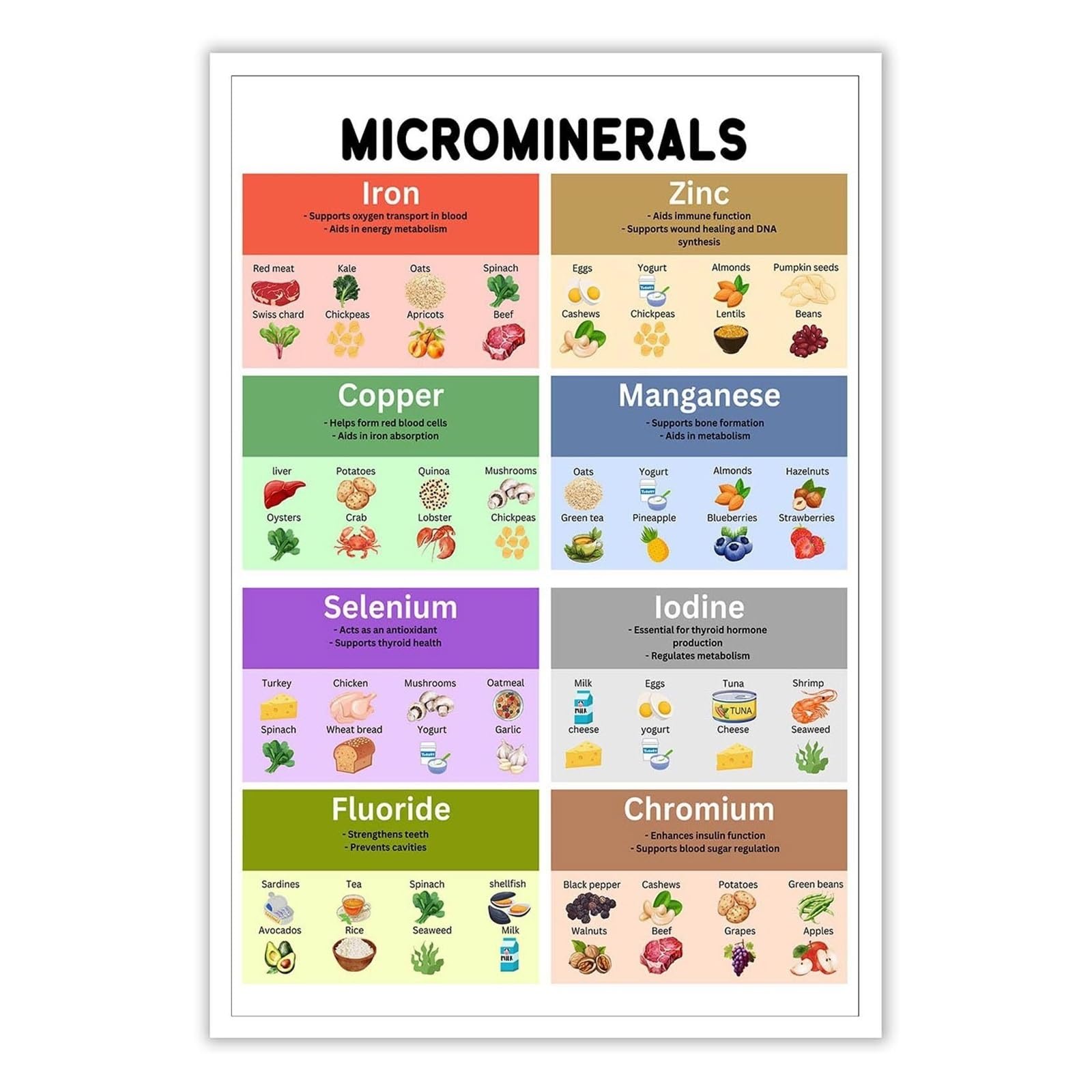BIANMTSW Nauka o żywności i żywieniu plakat – infografika o witaminach i minerałach, tabela edukacyjna do planowania diety, kuchni lub klasy (w ramie, 40 x 60 cm)