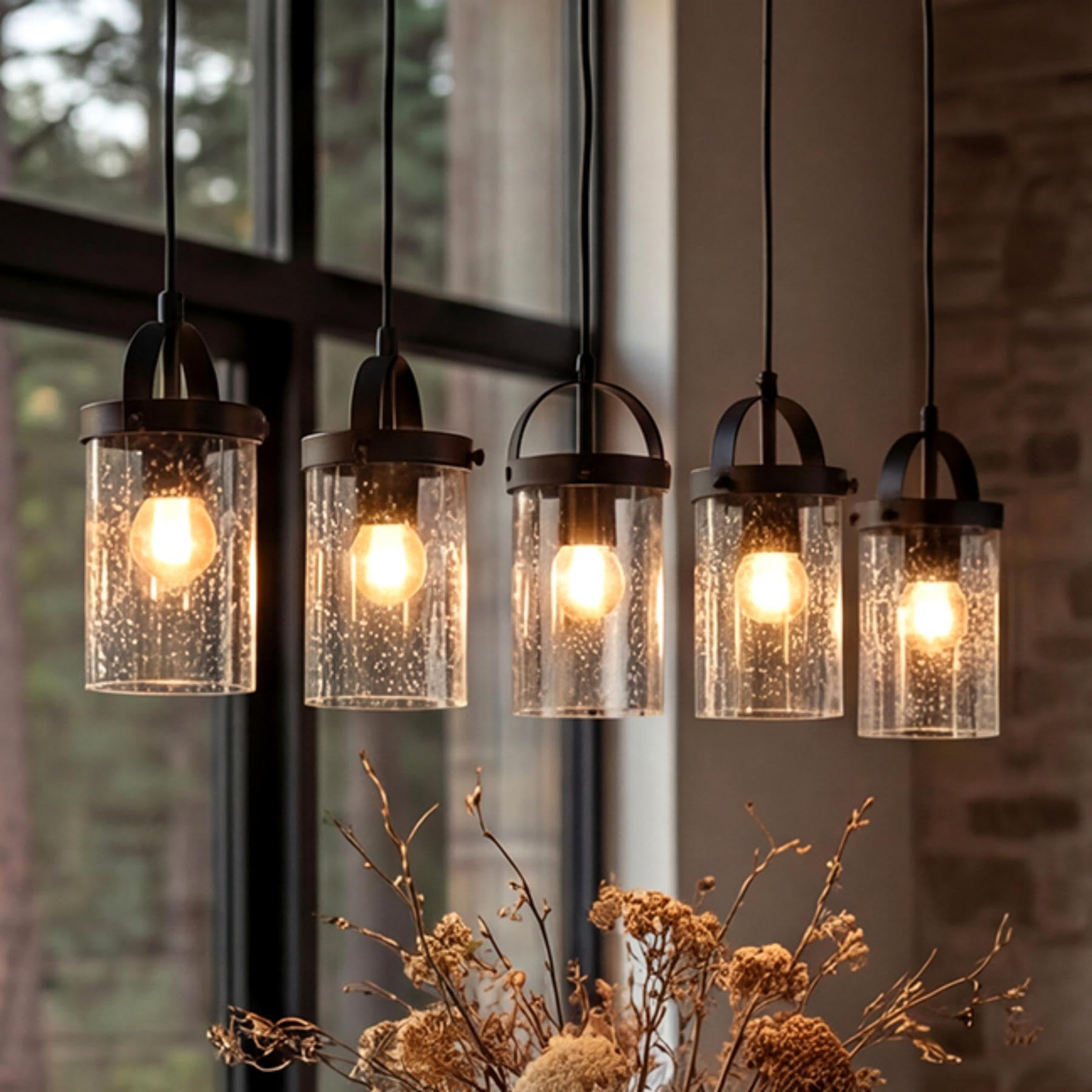 Tribesigns Lámpara de araña lineal negra de 5 luces, iluminación para isla de cocina de estilo rústico con pantallas de vidrio texturizado para comedor, altura ajustable, casquillo E27