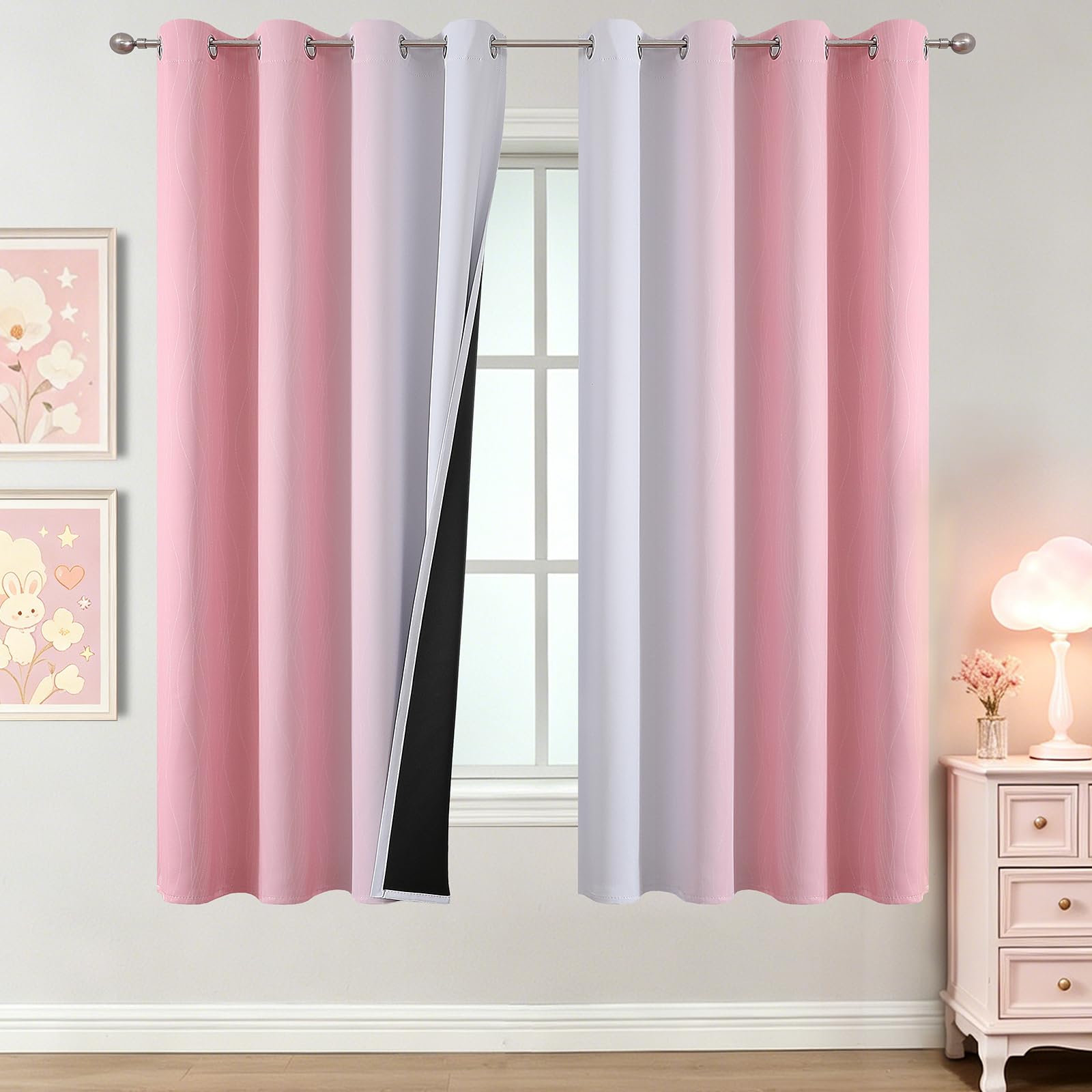 Estelar Textiler Pink and Greyish White Ombre Blackout Curtains 63 Inch Long for Kids Bedroom, Room Darkening Thermal Insulated Grommet Gradient Window Drapes for Living Room/Nursery, 52Wx63L,2 Panels