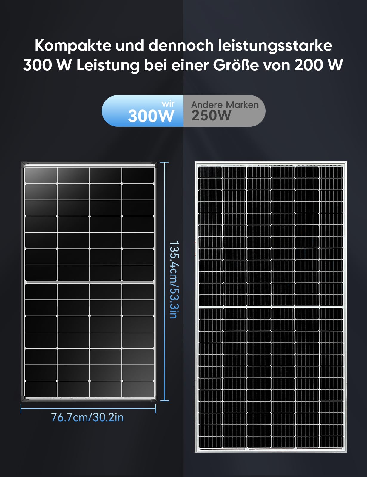 300W Solarpanel 12V Monokristallines Solarmodul PV-Modul 25.4% Hoch-Effizienz für Wohnwagen Wohnmobile