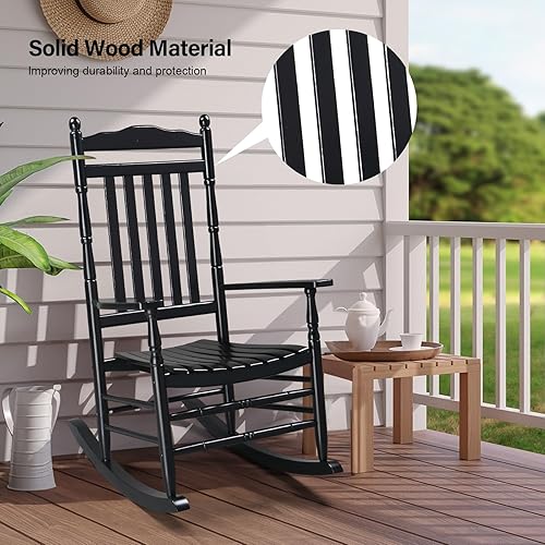 Miniatura 6 de VINGLI Mecedora de madera, silla para exteriores con soporte de 450 libras (negro, 2 piezas)