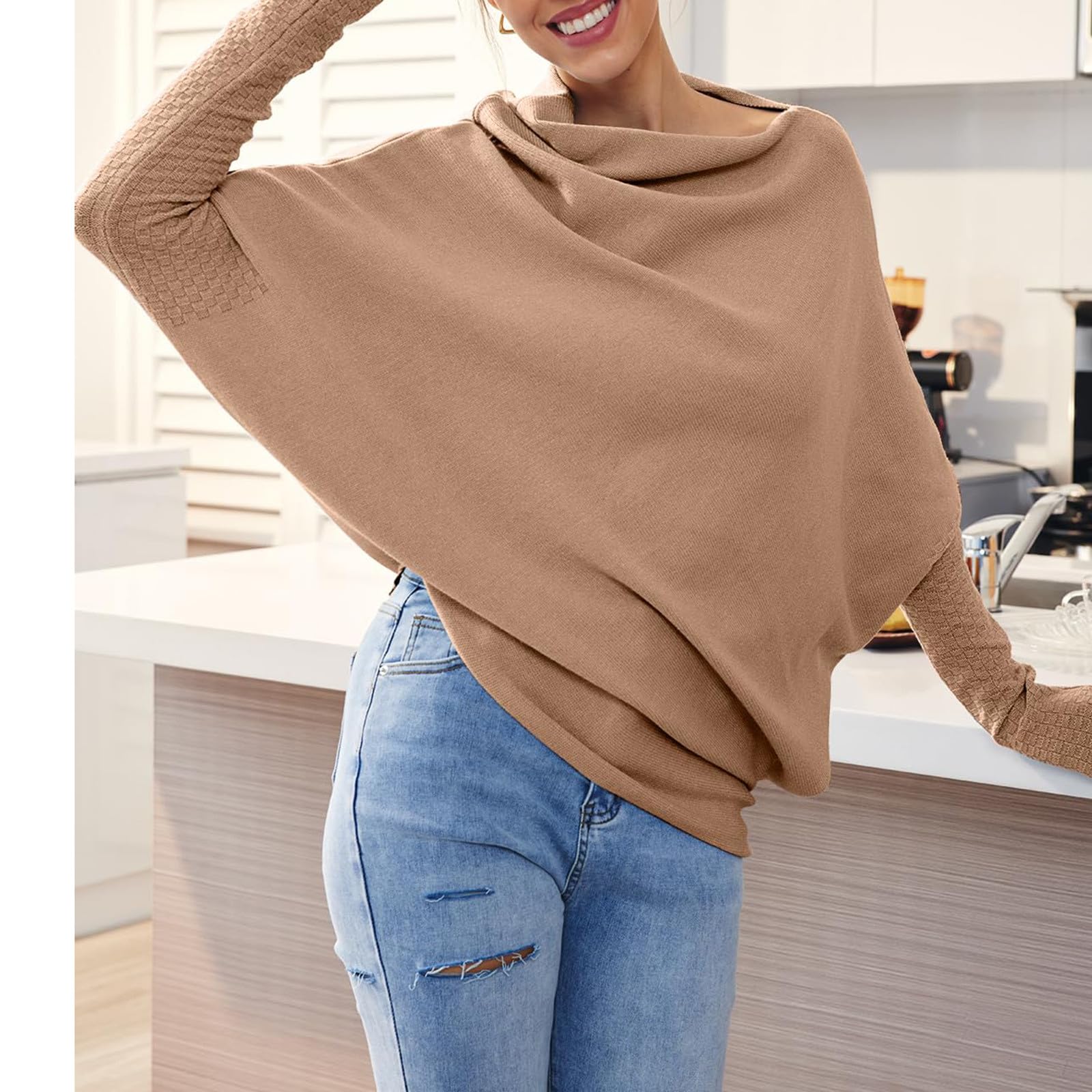 Saymany Pullover Damen Herbst Fledermausärmel Strickpullover Pullover Einfarbige Langarm Rundhals Oberteil Top Lockerer Strickpullover Knitted Basic Stretch Sweater Langarm Elegant Pulli Oberteile