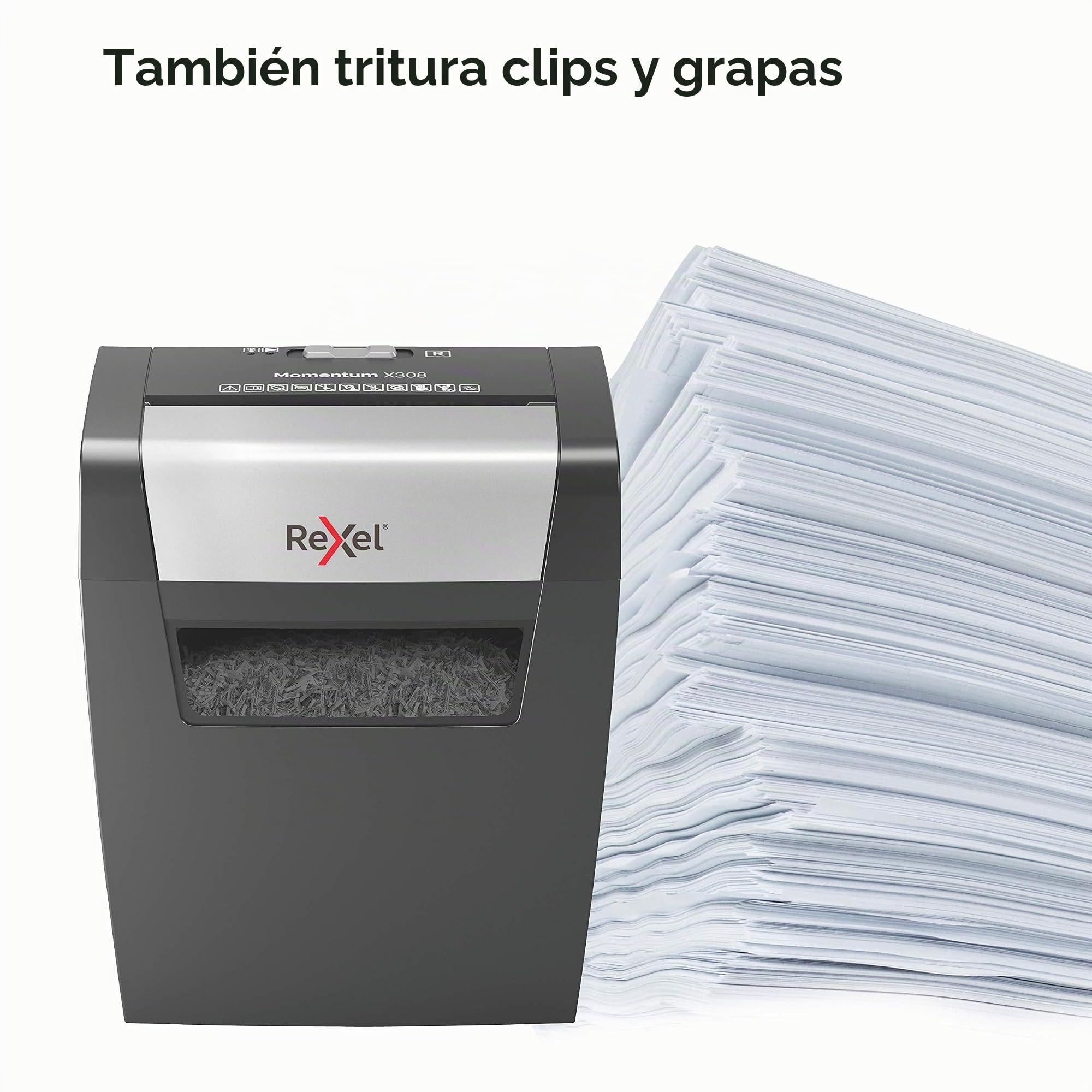 Rexel Momentum X308 - Trituradora de Papel de Corte Cruzado, tritura 9-8 Hojas (70-80 g/m²), contenedor de 15 litros, Resistente, Negro, 2104570