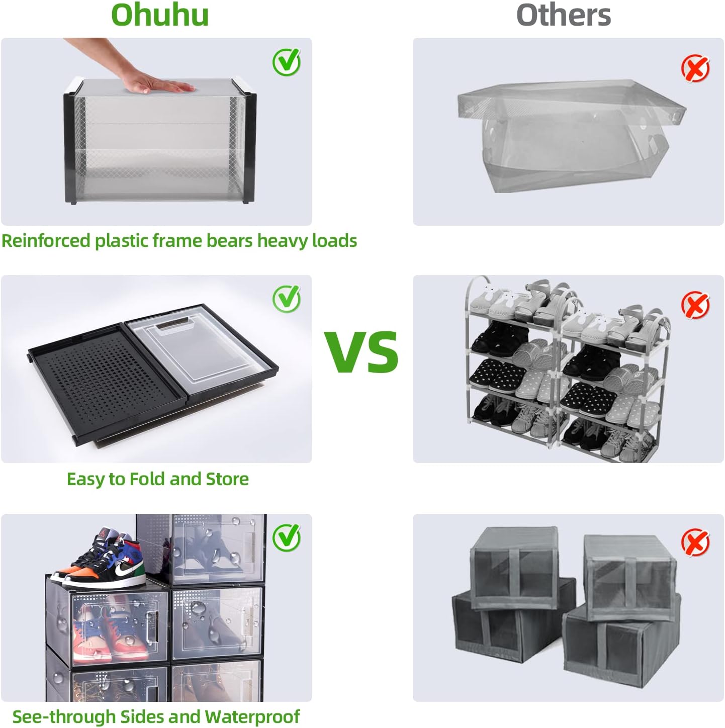 Ohuhu Shoe Storage Box Clear Organizer XL Large Size Stackable Plastic Shoes Containers - Sneaker Closet Drawer Type Front Opening - 6 Pack Boot Bins Display Case Cubby Holders Fit Up to US Men 14 : Home & Kitchen