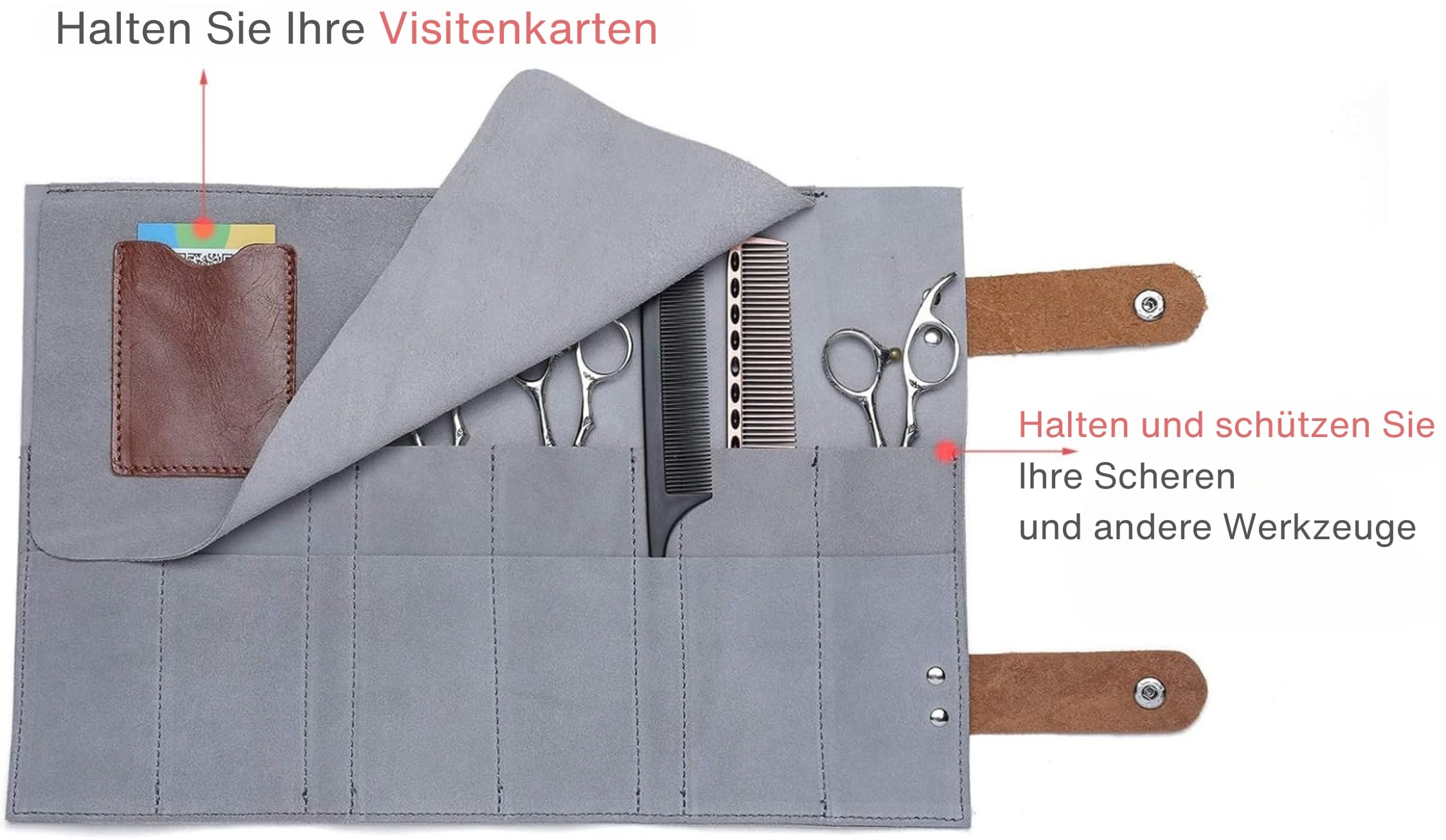 PERFEHAIR Friseurtasche in Grau – Professionelle Werkzeugtasche mit 12 Fächern für Scheren & Barber-Zubehör (Roll-up Design, Haarabweisend) – Leichte Ledertasche für Salon, Reise & Geschenk