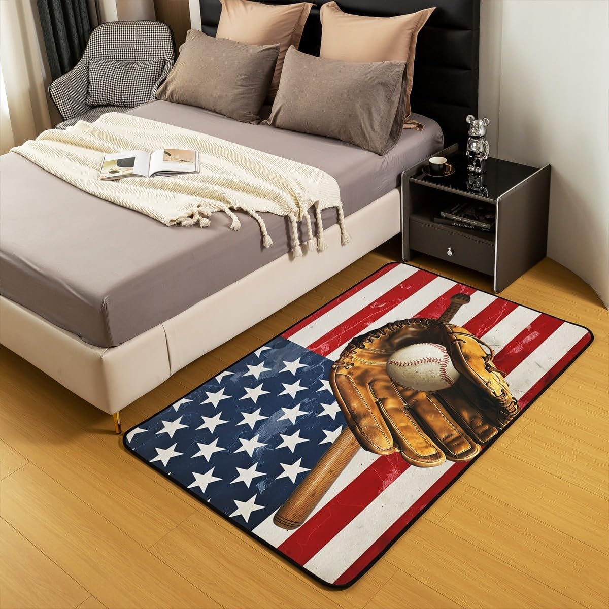 Kids Baseball Area Rug 5x7 Sports Theme Living Room Rugs for Boys Girls Room Decorations Baseball Games Decorative Carpet Retro American Flag Retro Indoor Floor Mat