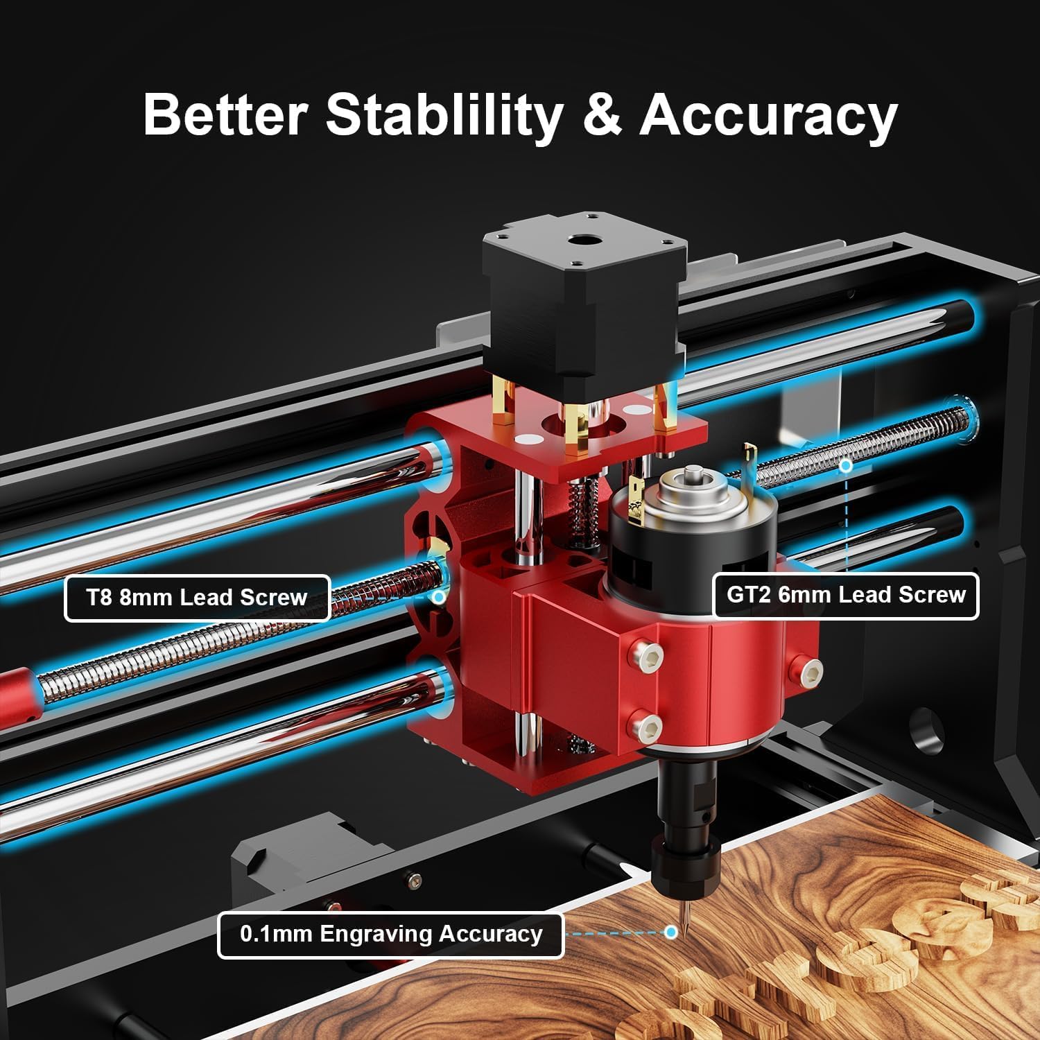 Close-up of the CNC machine's Z-axis and spindle, showing a cutting bit and the 0.1mm engraving accuracy