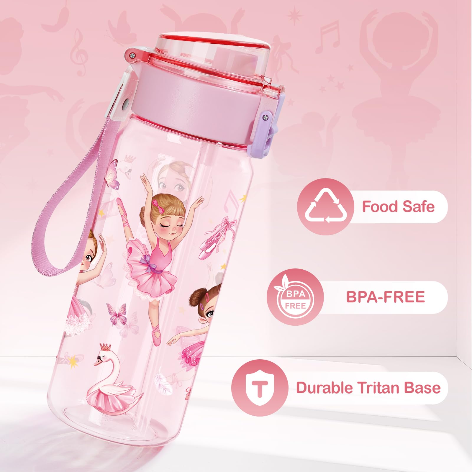 Botella de Agua para Niños 550ml, Cantimplora Infantil con Pajita para Niña Infantil, a Prueba de Fugas, Sin BPA para La Colegio y el Exterior - Ballet