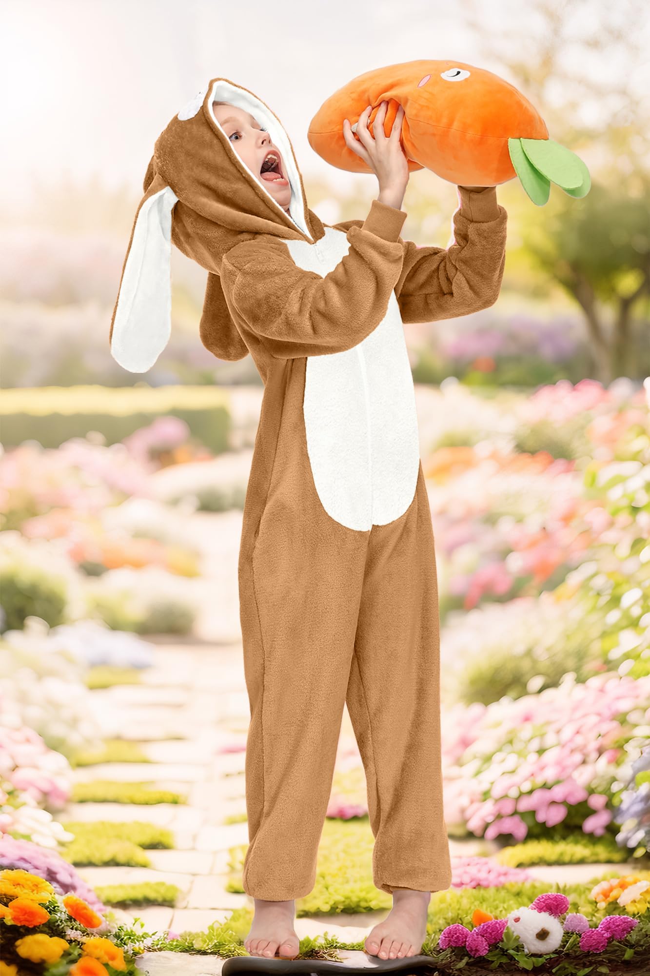 BesserBay Tuta intera unisex per bambini, con cappuccio, per Halloween, coniglietto peloso, 4-14 anni, Marrone | Tuta Coniglio, 8 anni