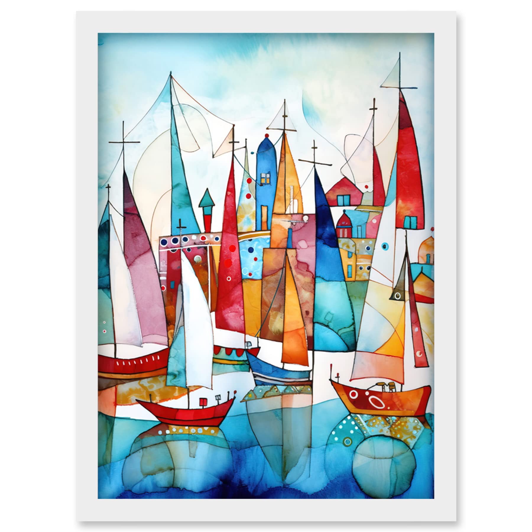 Harbour Boats Watercolour Painting - Folk Art Abstract Artwork - Framed Wall Art Print A4