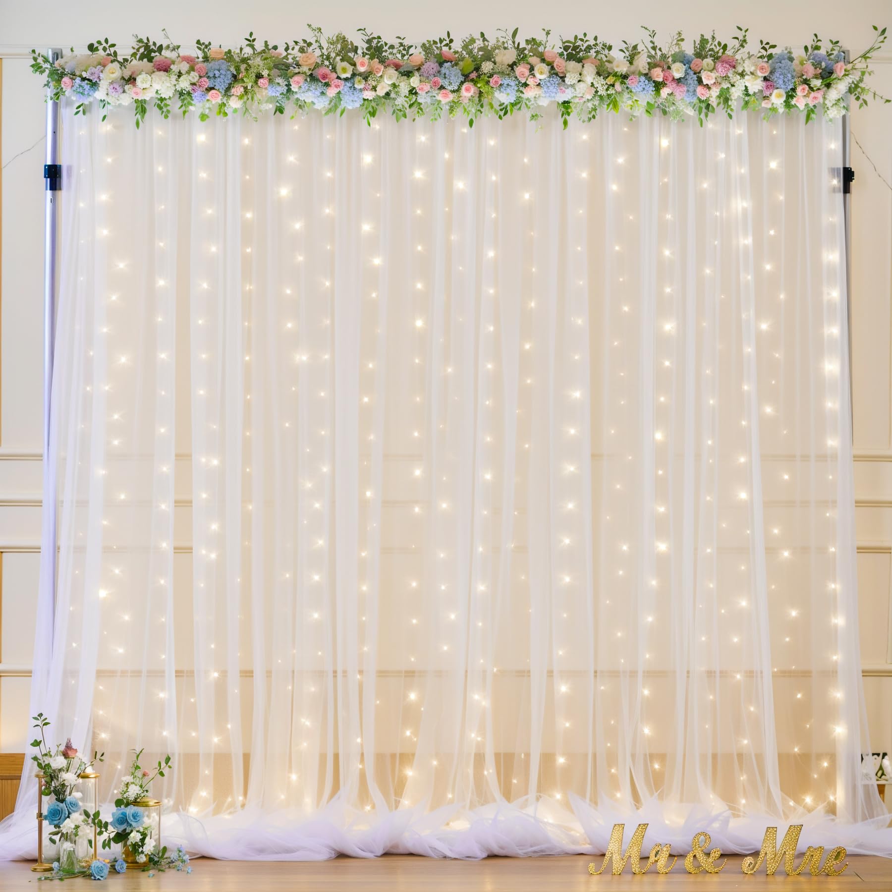 Rideau de fond en tulle blanc avec guirlande lumineuse, 3,05 x 3,05 m pour mariages, baby showers, fêtes d'anniversaire, toile de fond transparente infroissable, facile à installer, décorations