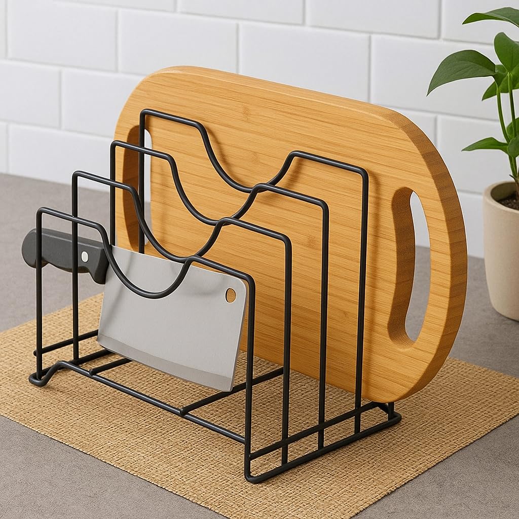 Iron Pan Pot Rack Organizer – Black 4 Slot Kitchen Lid Holder, Chopping Board Stand & Multi-Purpose Dish Rack, Heavy Duty Cookware Storage Rack (L-9 x W-7 x H-8.5 Inches) (Classic)