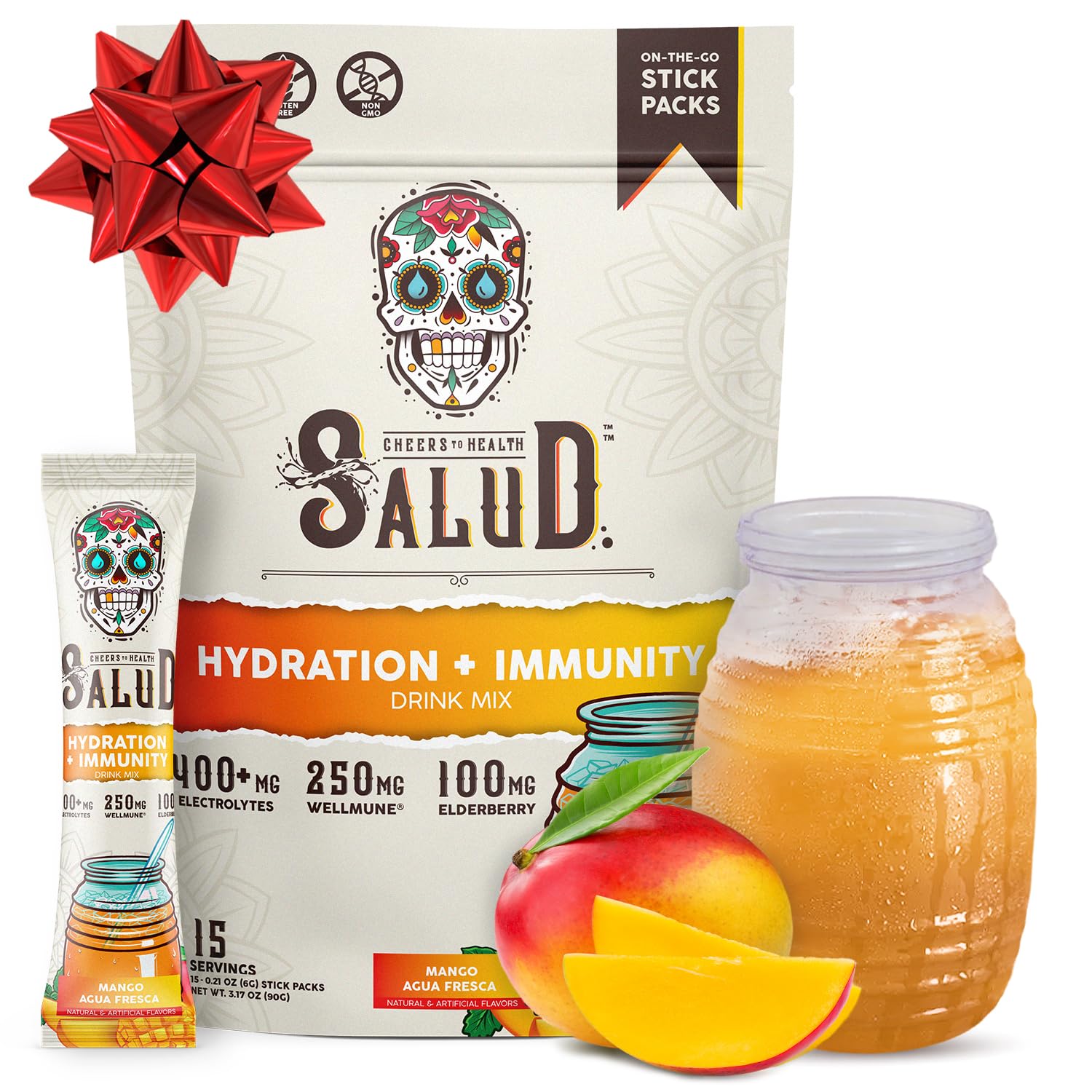 Sponsored Ad - Salud 2-in-1 Hydration Packets + Immunity Electrolytes Powder, Mango - Agua Fresca Drink Mix, Elderberry, Dairy & Soy Free, Non-GMO, Gluten Free, Vegan, Low Calorie, 1g Sugar (15 Servings)