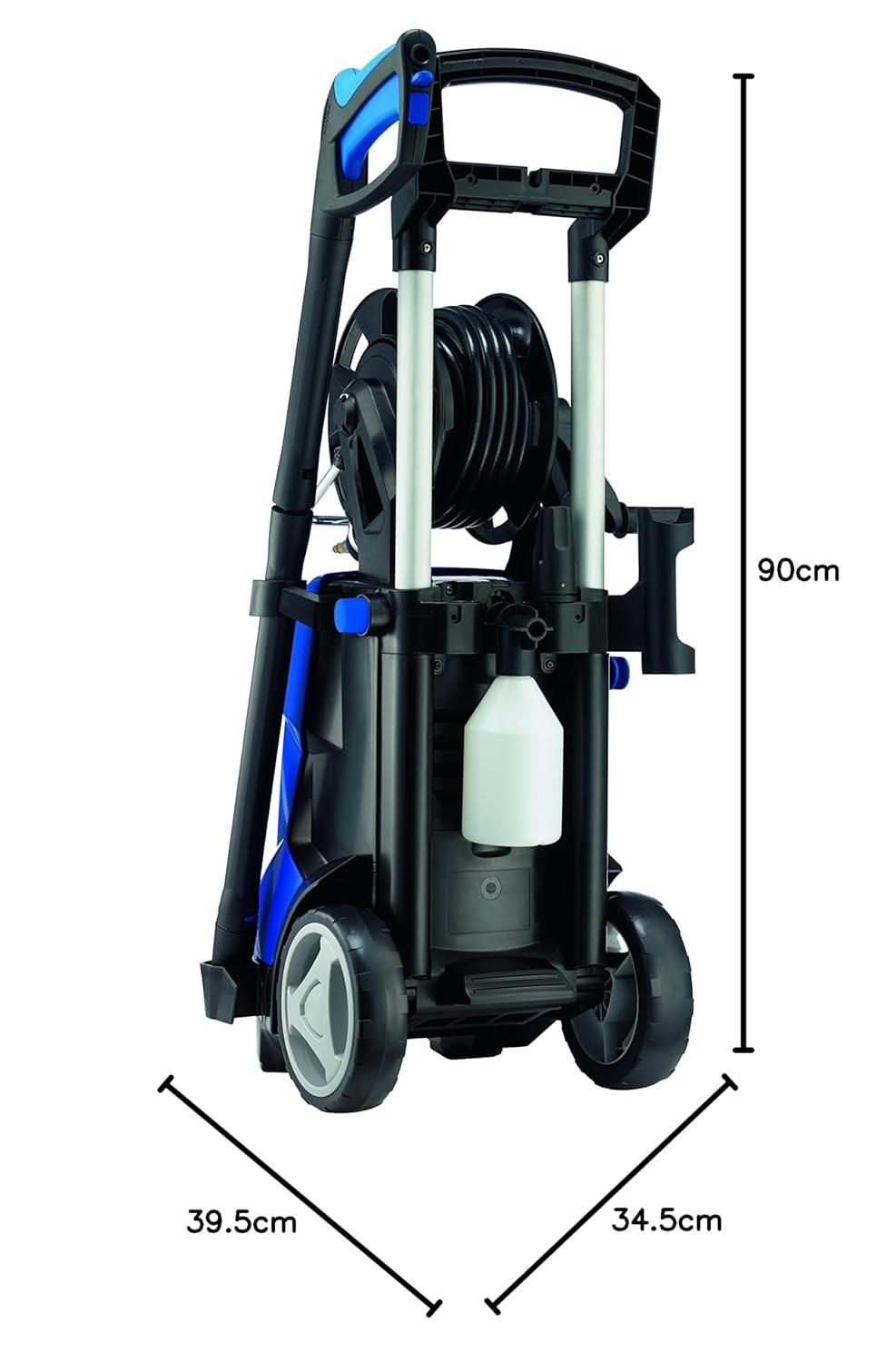 Dimensions of the Nilfisk E145.4 High Pressure Washer, showing height 90cm, width 39.5cm, and depth 34.5cm.