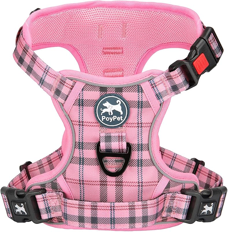 PoyPet Arnés para perros a cuadros pequeño, chaleco sin tirones con clip frontal y hebilla para el cuello | Asa Acolchada, Reflectante, Sin Estrangulamiento, Con Cerradura, 2 Anillas de Correa, Totalmente Ajustable, para Entrenar Caminar, S, Rosa A Cuadros