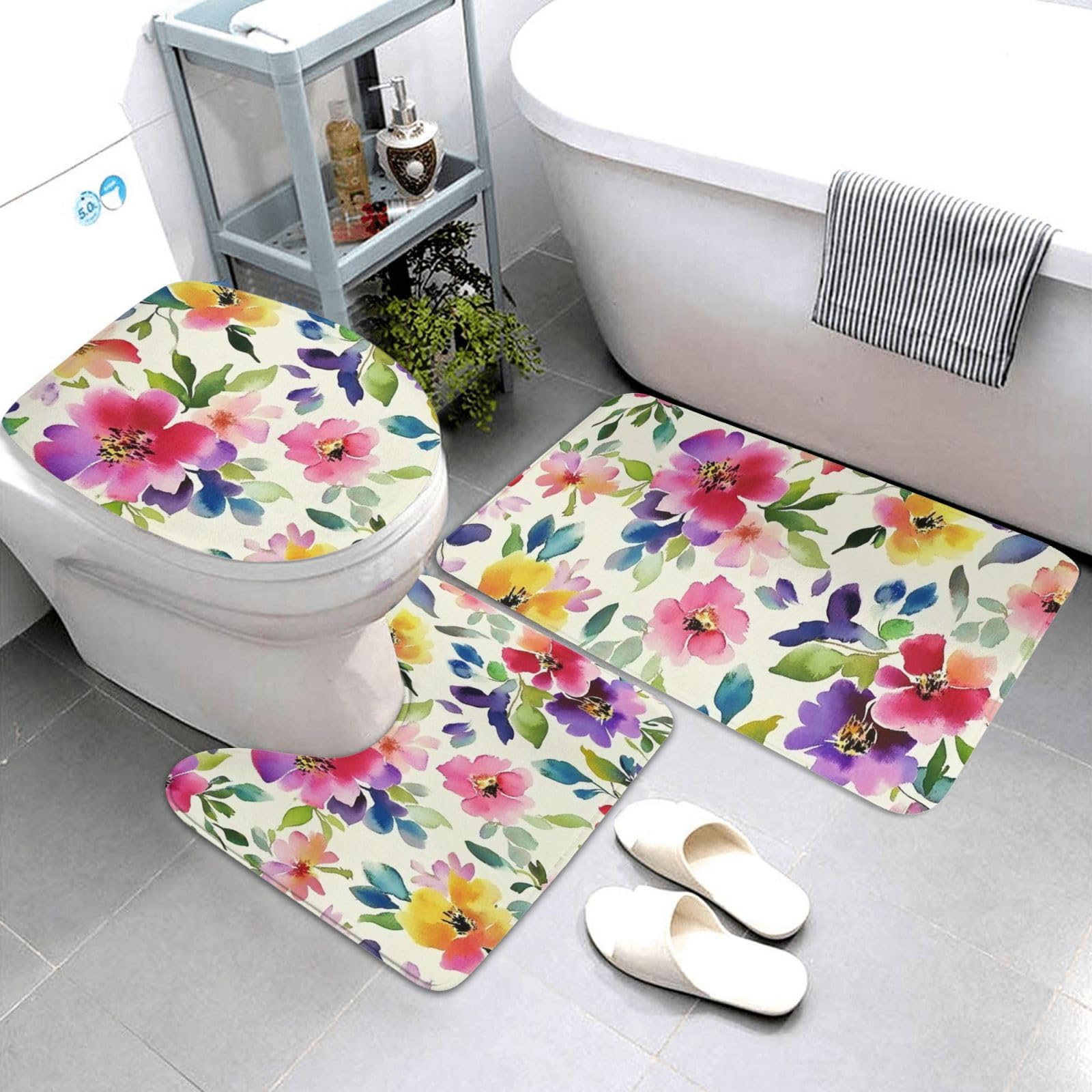 Lot de 3 petits tapis de salle de bain à motif floral, doux et absorbants, en mousse à mémoire de forme, tapis de toilette en forme de U, décoration d'intérieur, séchage rapide