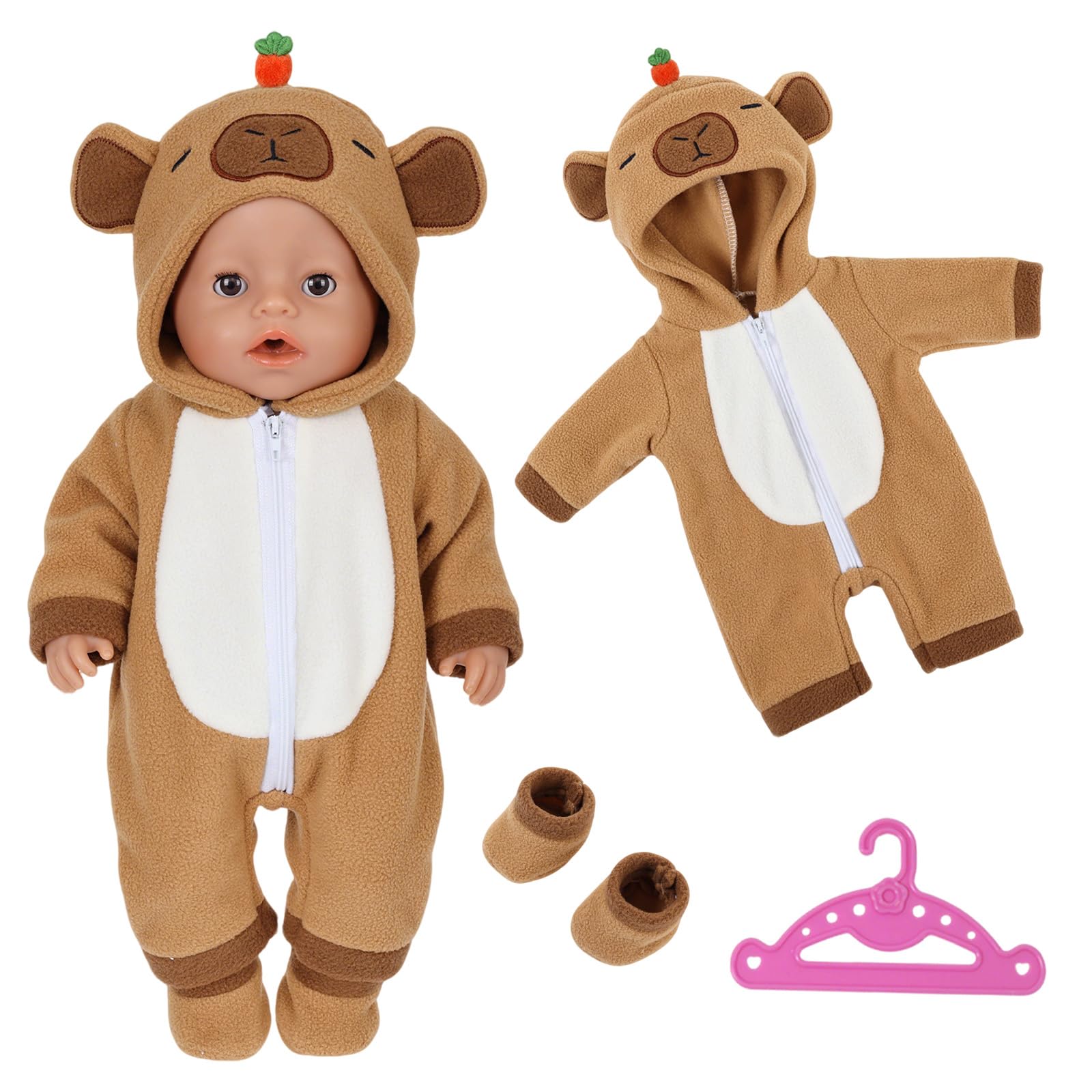 Baby Doll Clothes for 14-18 Inch Dolls, Brown Cartoon Animal Doll Clothe Outfits with Onesie Shoes Hanger for 35-45 cm New Doll Clothe, Sweet Doll Clothes Girls Birthday Gift