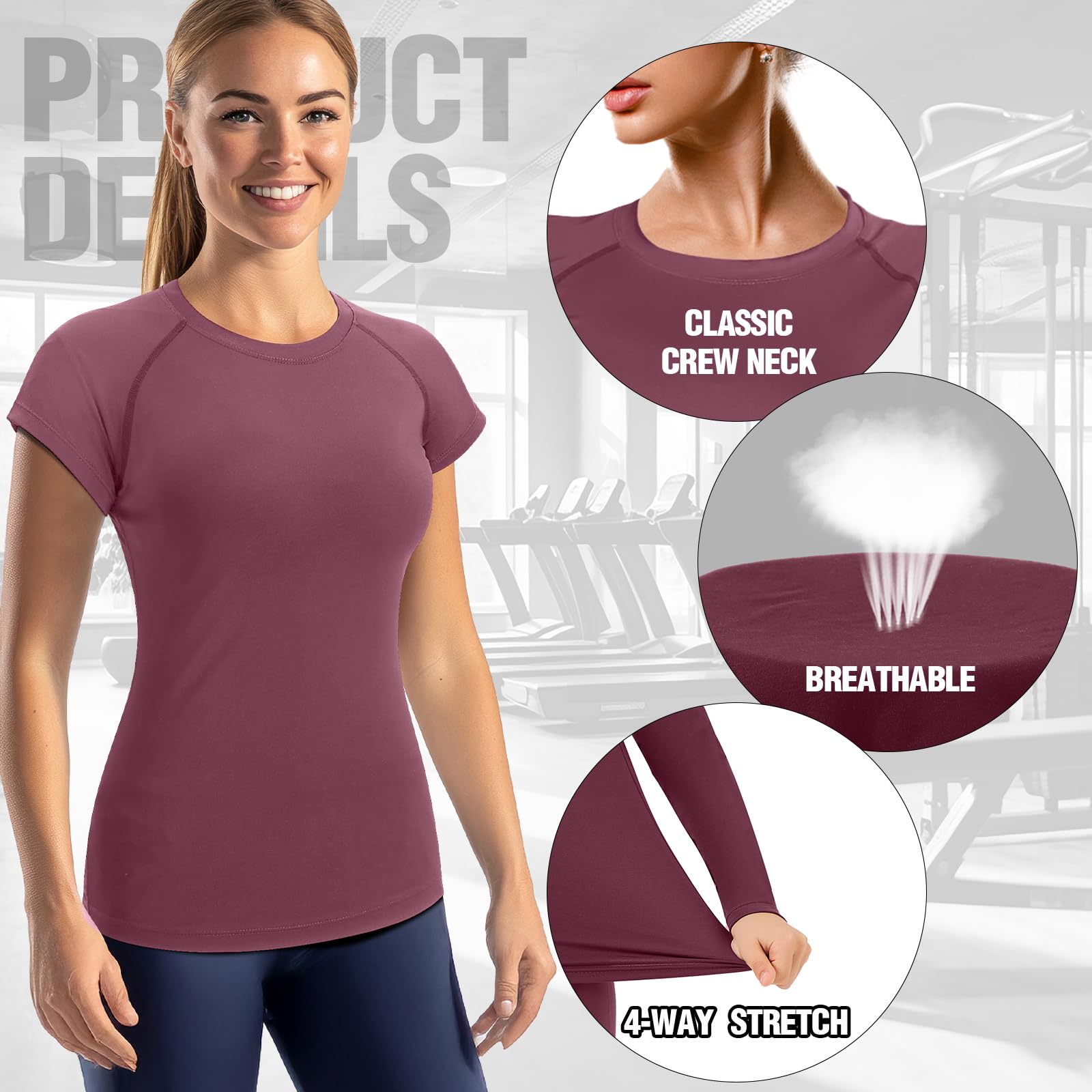 Coume 5er-Pack Kompressions-Shirts für Damen, kurzärmelig, Workout-Tops, Rundhalsausschnitt, athletische T-Shirts, Yoga, Laufen, enges T-Shirt