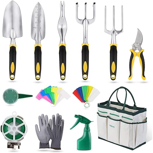 YISSVIC Garden Tools Set 13 Pieces Heavy Duty Gardening Kit Cast Aluminum Durable Storage Bag Pruning Shears, Gardening Supplies Gifts for Women Men