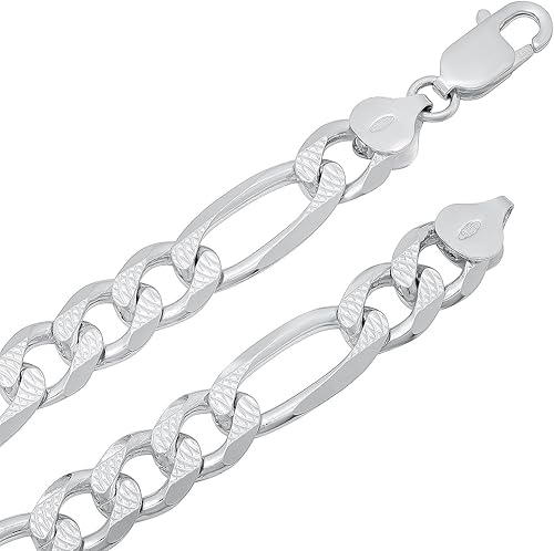 Vista 2 de The Bling Factory 9.5mm .925 Sterling Silver Diamond-Cut Flat Figaro Chain Necklace