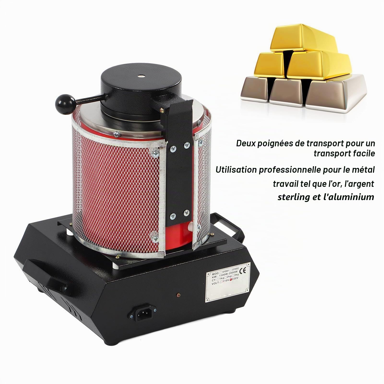 Four Électrique de Fusion 3 Kg avec Creuset en Graphite, Écran d'Isolation Thermique, Base Élargie, pour Bijoux Métal Or Argent, 220V Prise UE