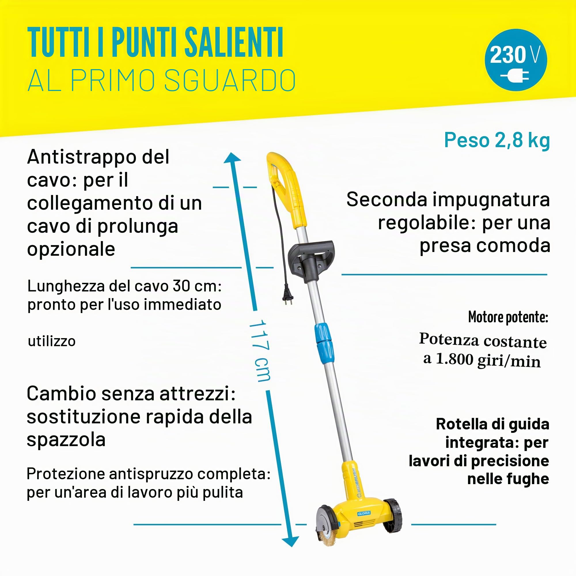 GLORIA Spazzola Elettrica per Fughe WeedBrush a cavo | Estirpatore Erbacce e Pulisci Fughe per Pavimenti Esterni, Terrazzi e Vialetti | Contro Erba e Muschio | Inclusa Spazzola in Filo d'Acciaio