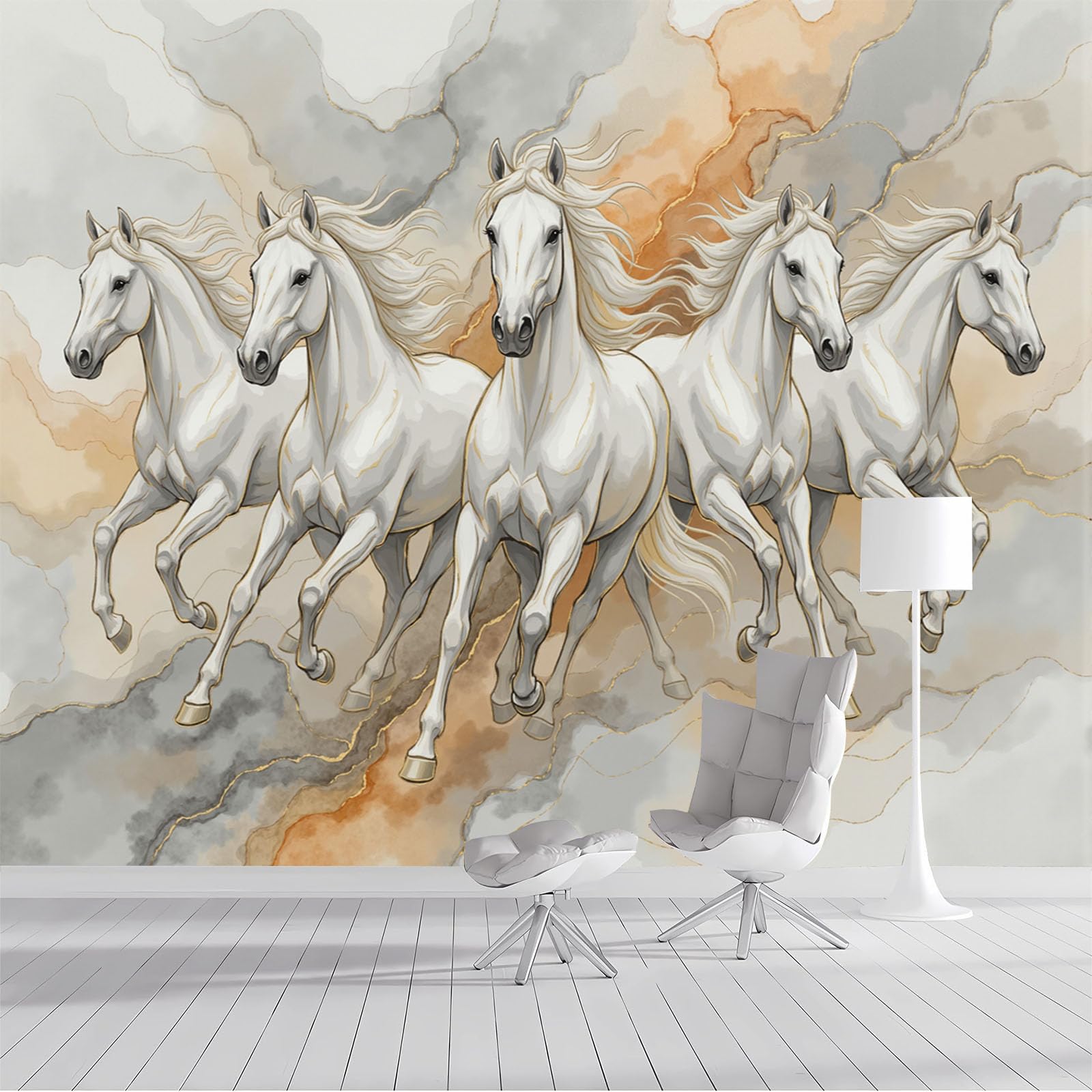 Papier peint panoramique chevaux sauvages beige pour grands murs nus